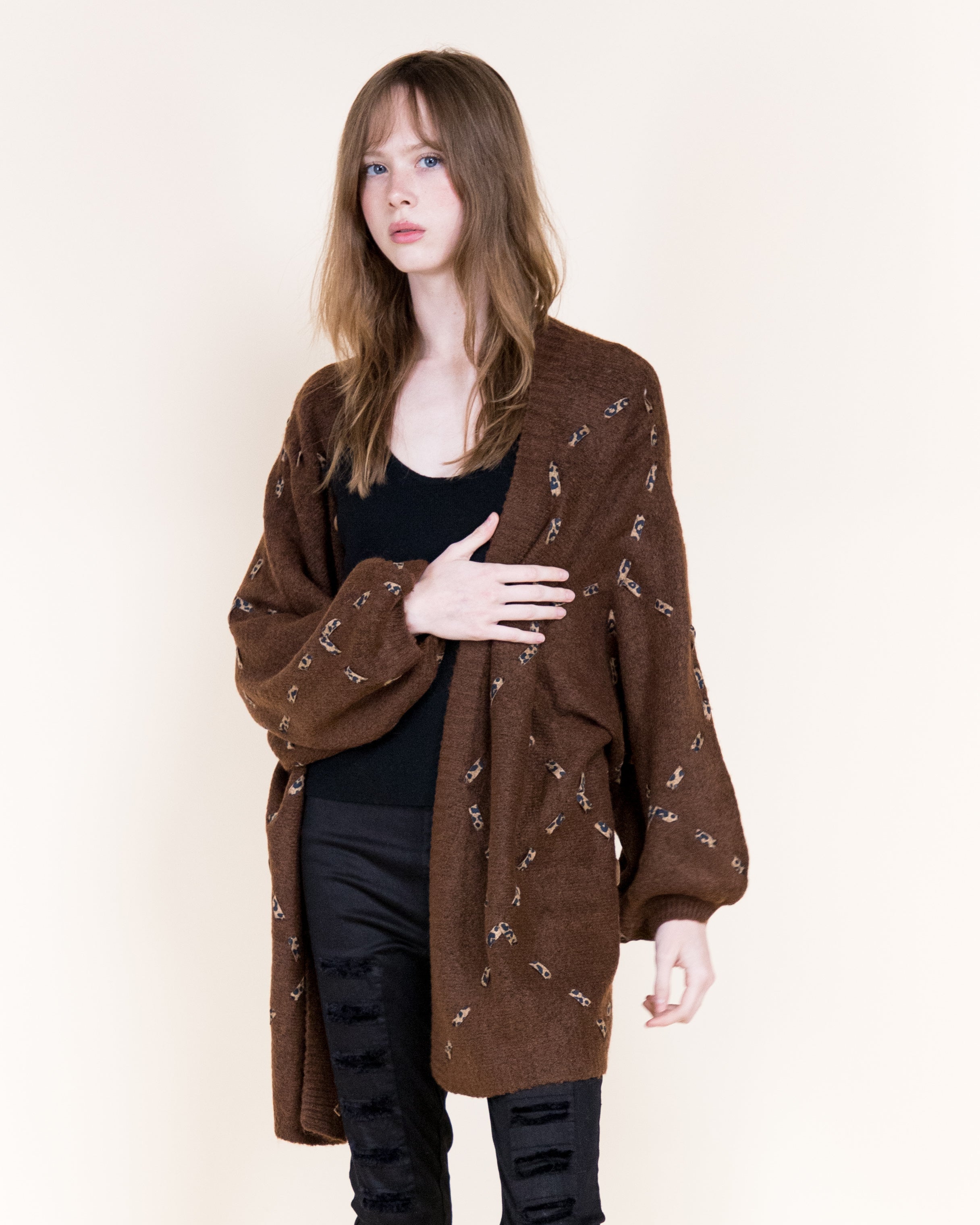 Velvety Ribbon Leopard Stitch Relaxed Cardigan-BEIGE (S/M, L/XL) (Pack of 6)