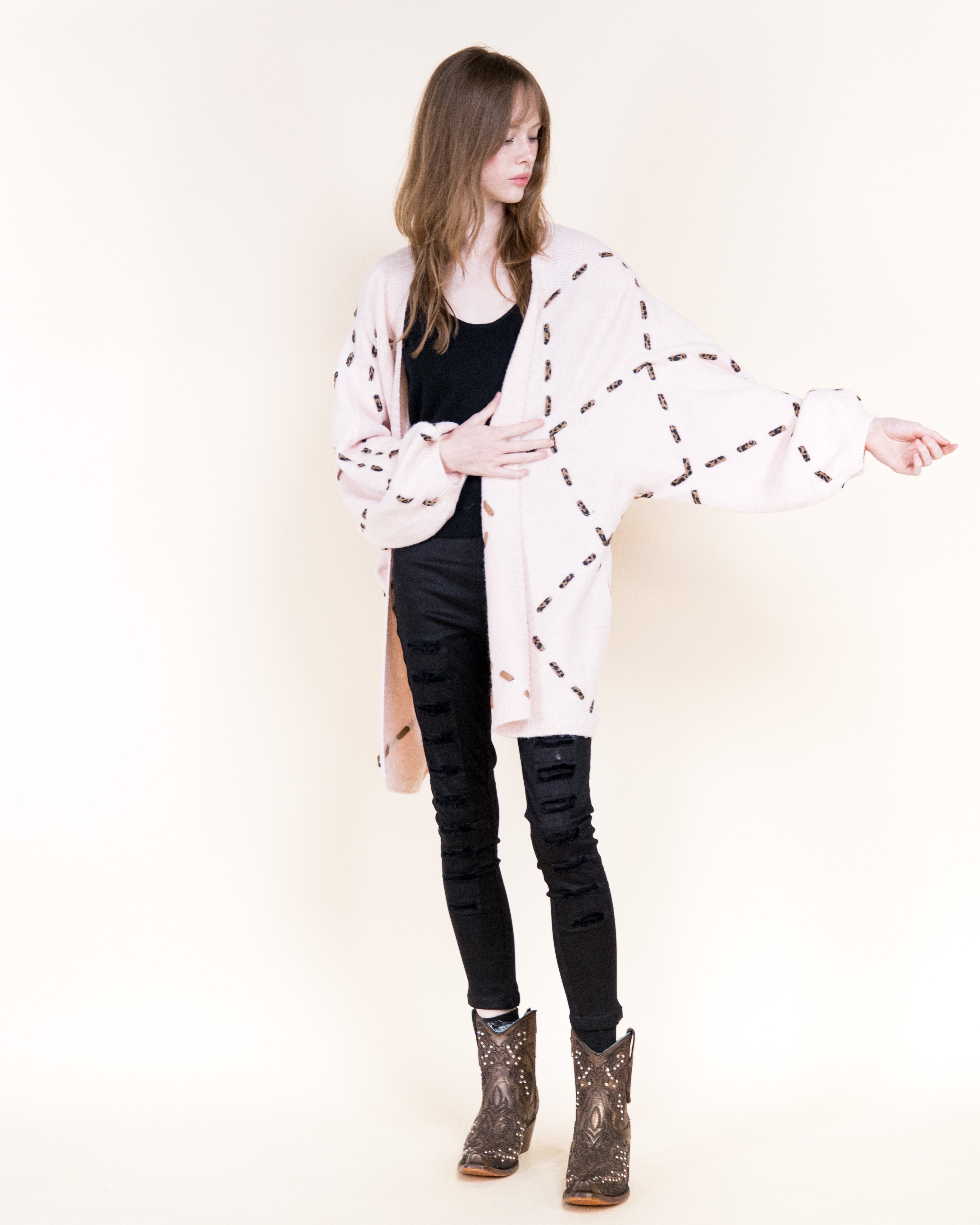 Velvety Ribbon Leopard Stitch Relaxed Cardigan-BEIGE (S/M, L/XL) (Pack of 6)