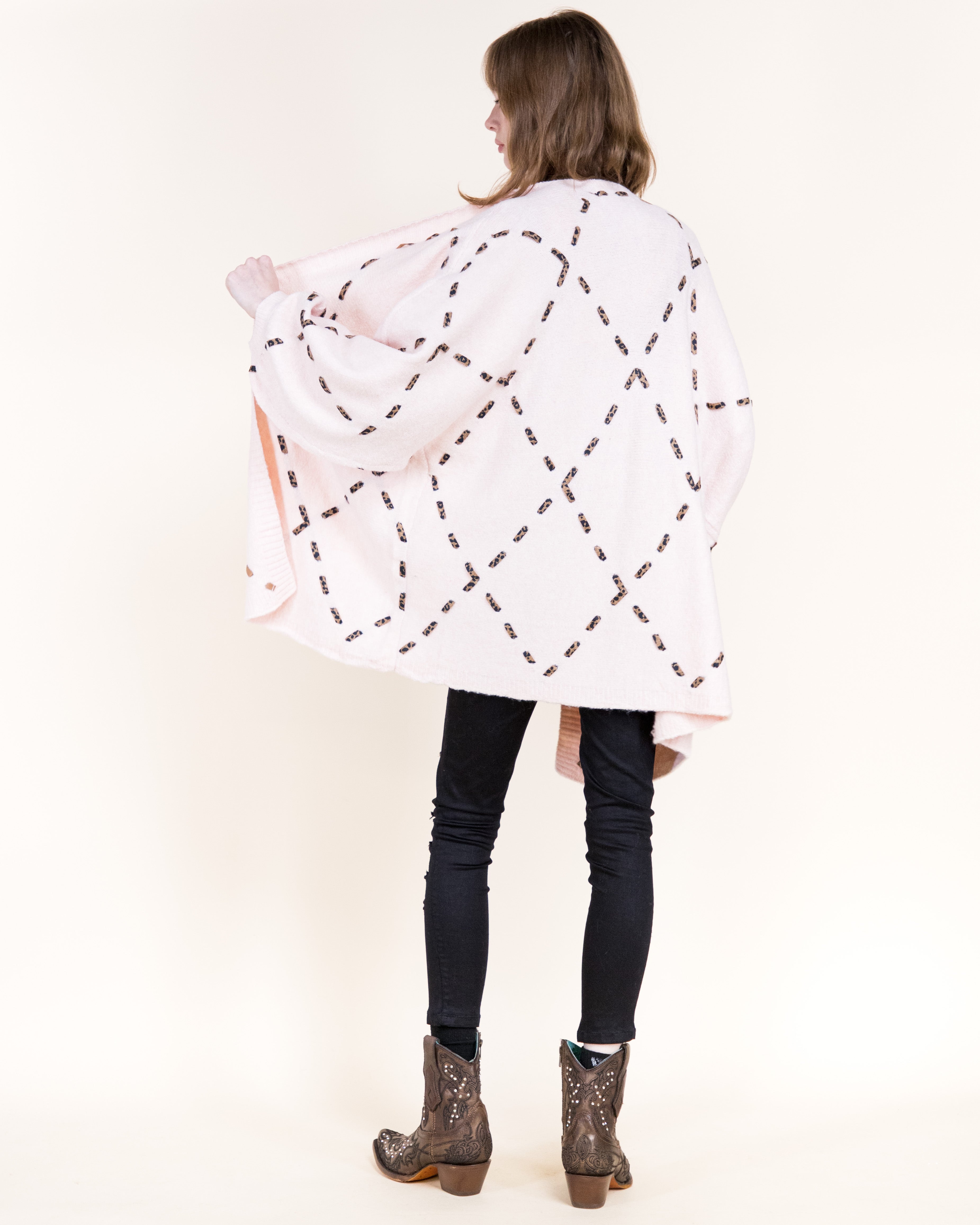 Velvety Ribbon Leopard Stitch Relaxed Cardigan-BEIGE (S/M, L/XL) (Pack of 6)