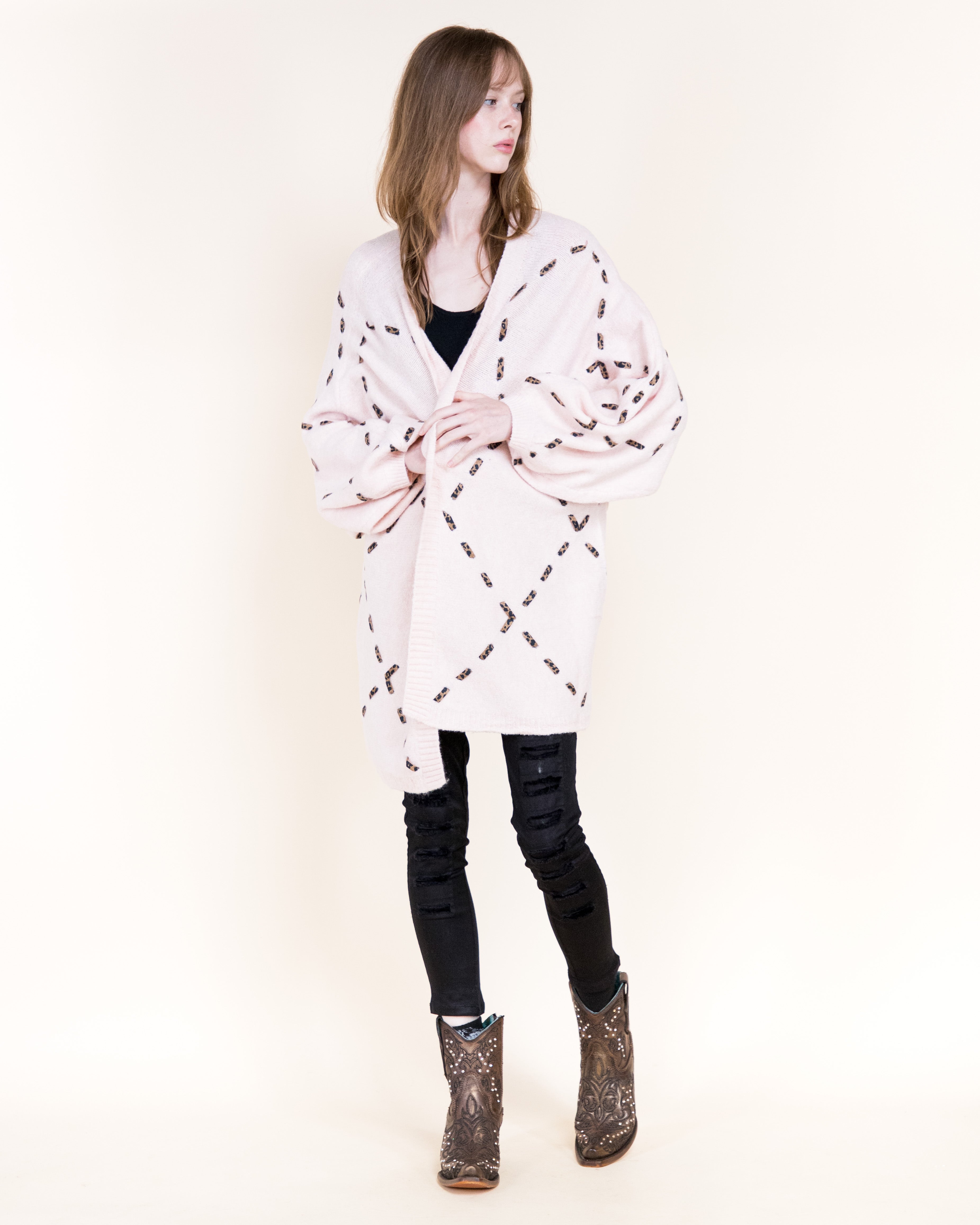 Velvety Ribbon Leopard Stitch Relaxed Cardigan-BEIGE (S/M, L/XL) (Pack of 6)