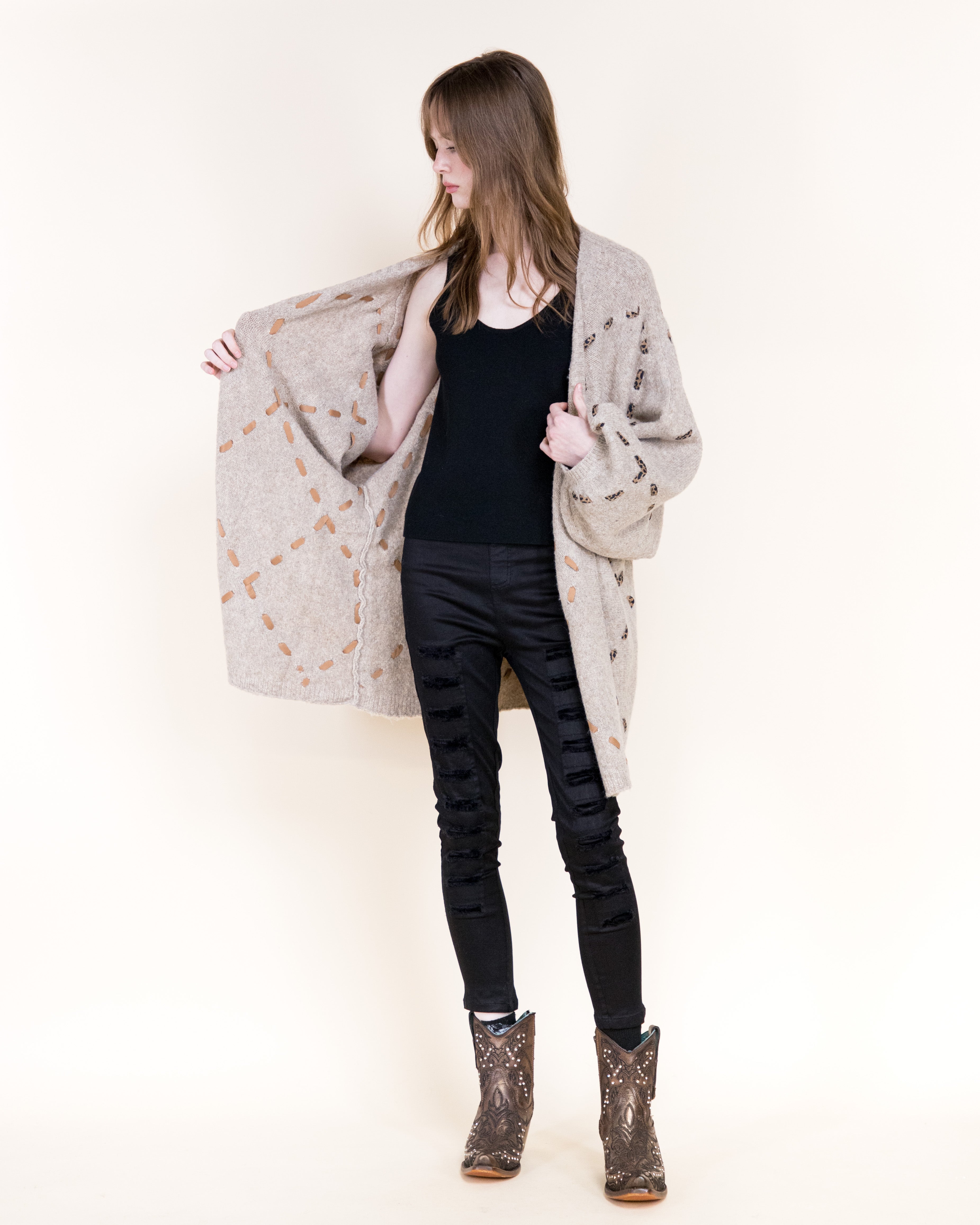 Velvety Ribbon Leopard Stitch Relaxed Cardigan-BEIGE (S/M, L/XL) (Pack of 6)