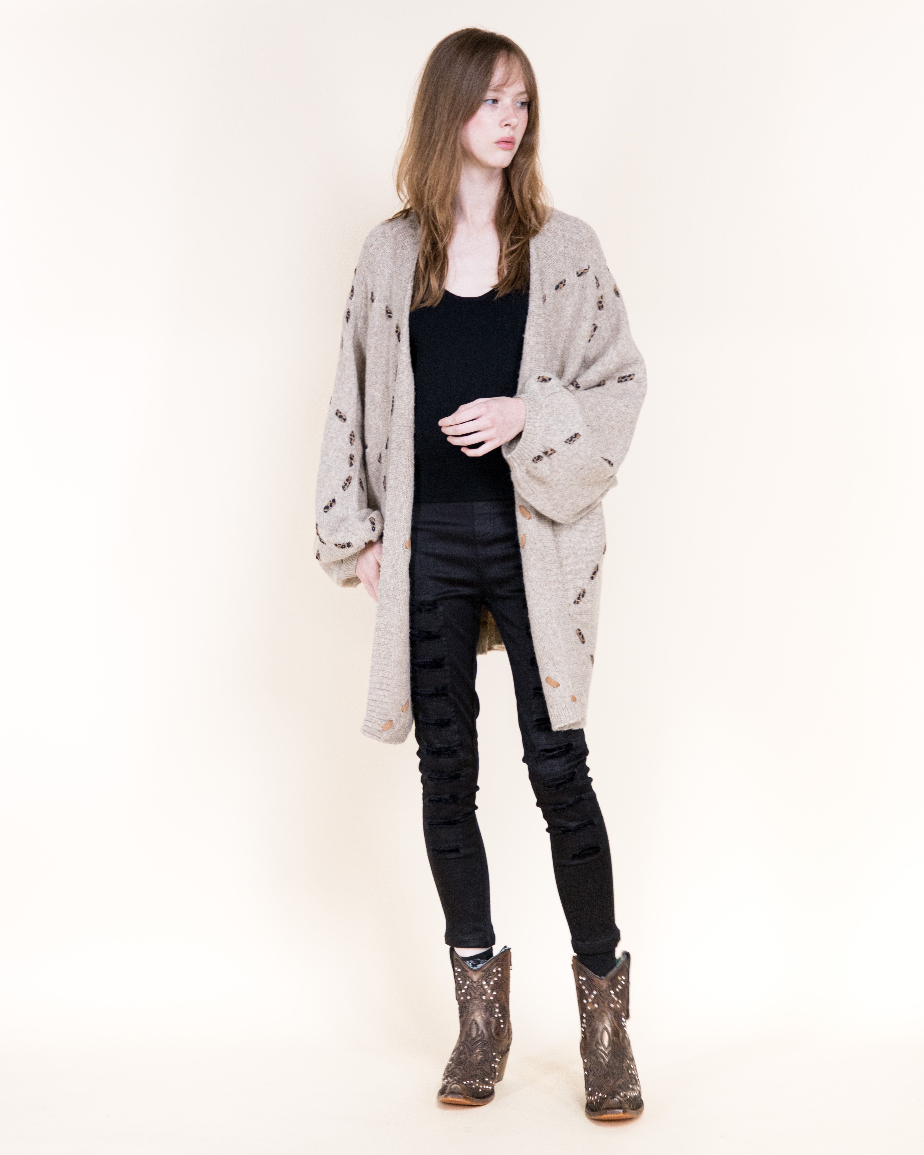 Velvety Ribbon Leopard Stitch Relaxed Cardigan-BEIGE (S/M, L/XL) (Pack of 6)