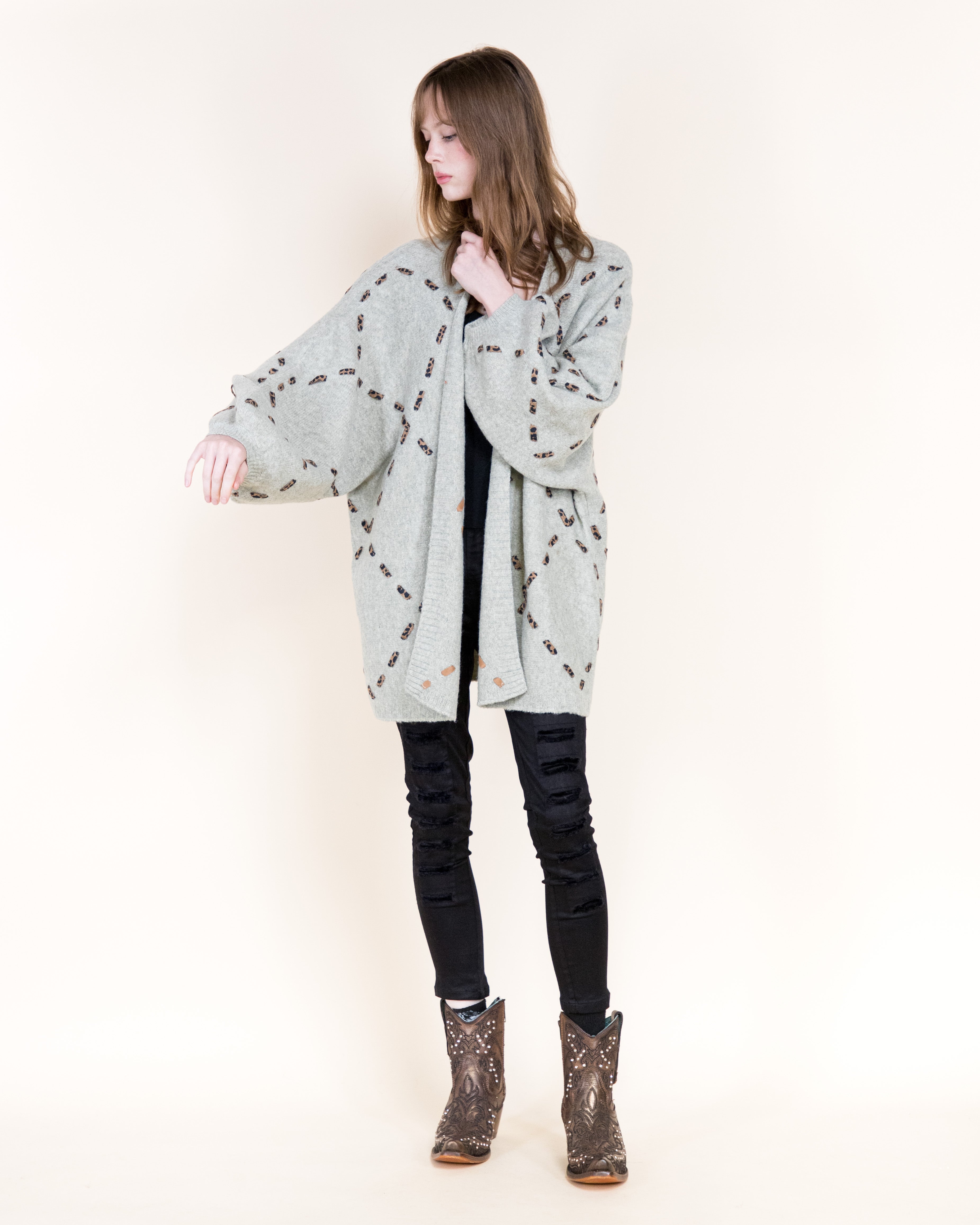Velvety Ribbon Leopard Stitch Relaxed Cardigan-BEIGE (S/M, L/XL) (Pack of 6)