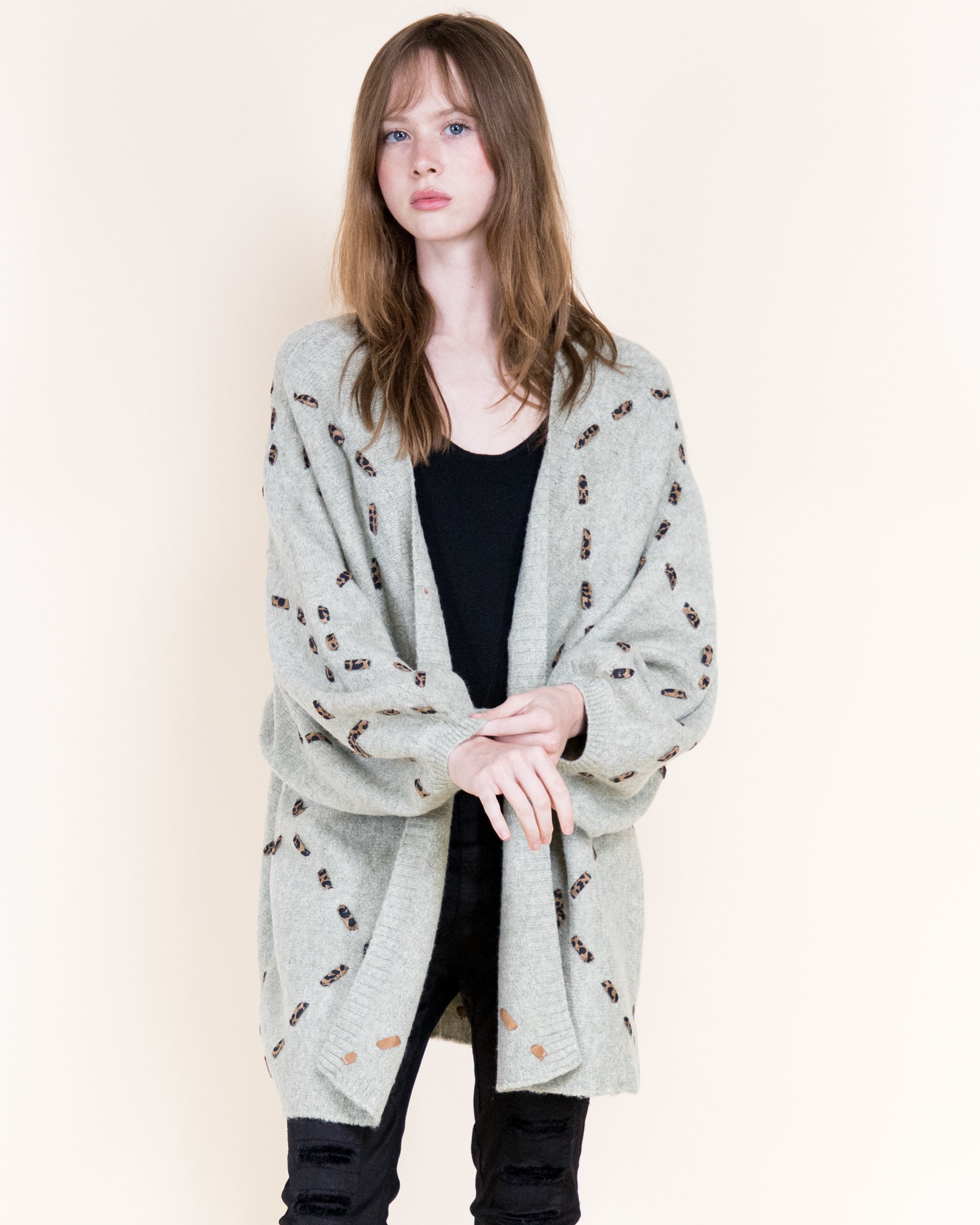 Velvety Ribbon Leopard Stitch Relaxed Cardigan-BEIGE (S/M, L/XL) (Pack of 6)