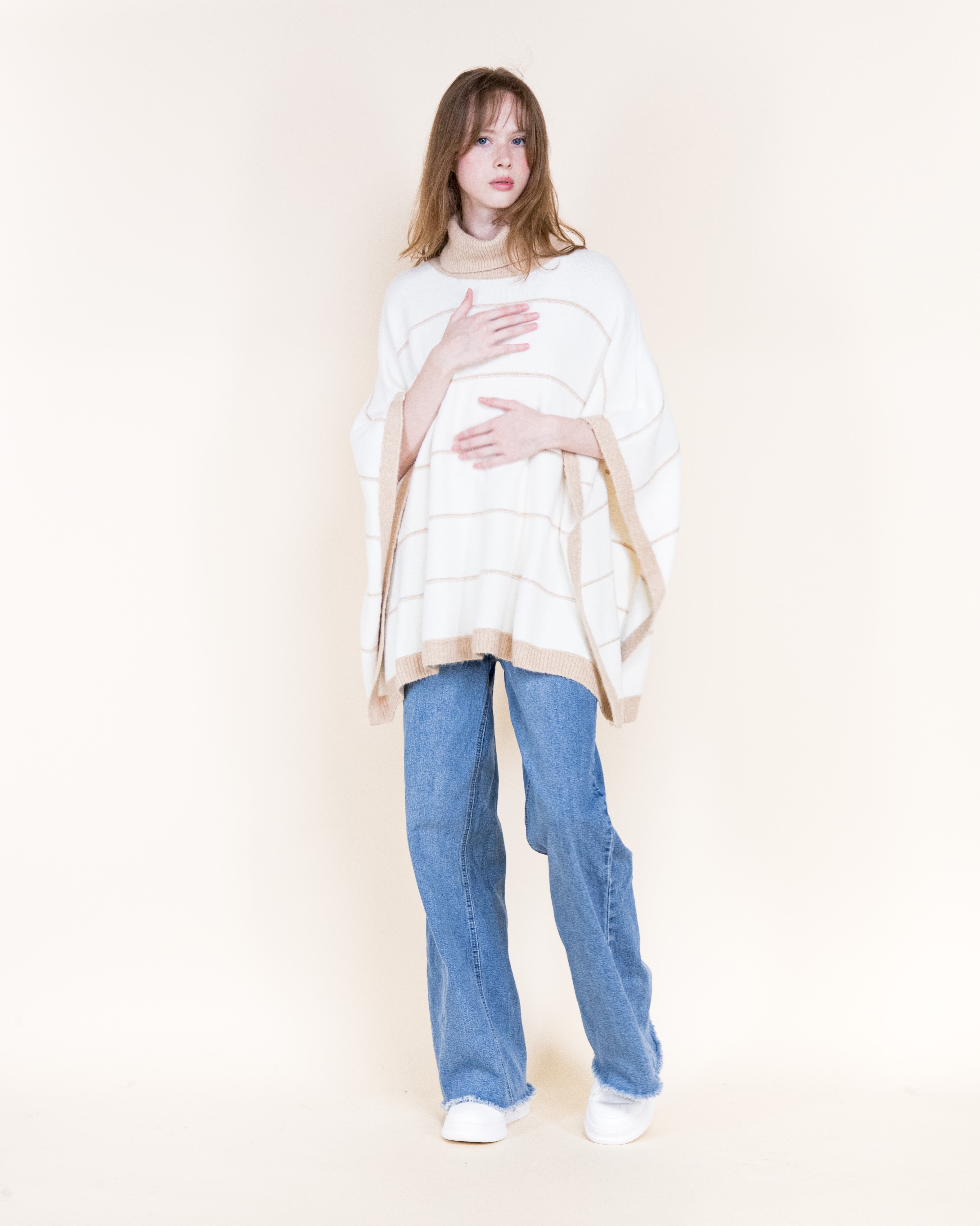 Nordic Thin Stripe Ribbed Turtle Neck Poncho-GREEN (S/M, L/XL) (Pack of 6)