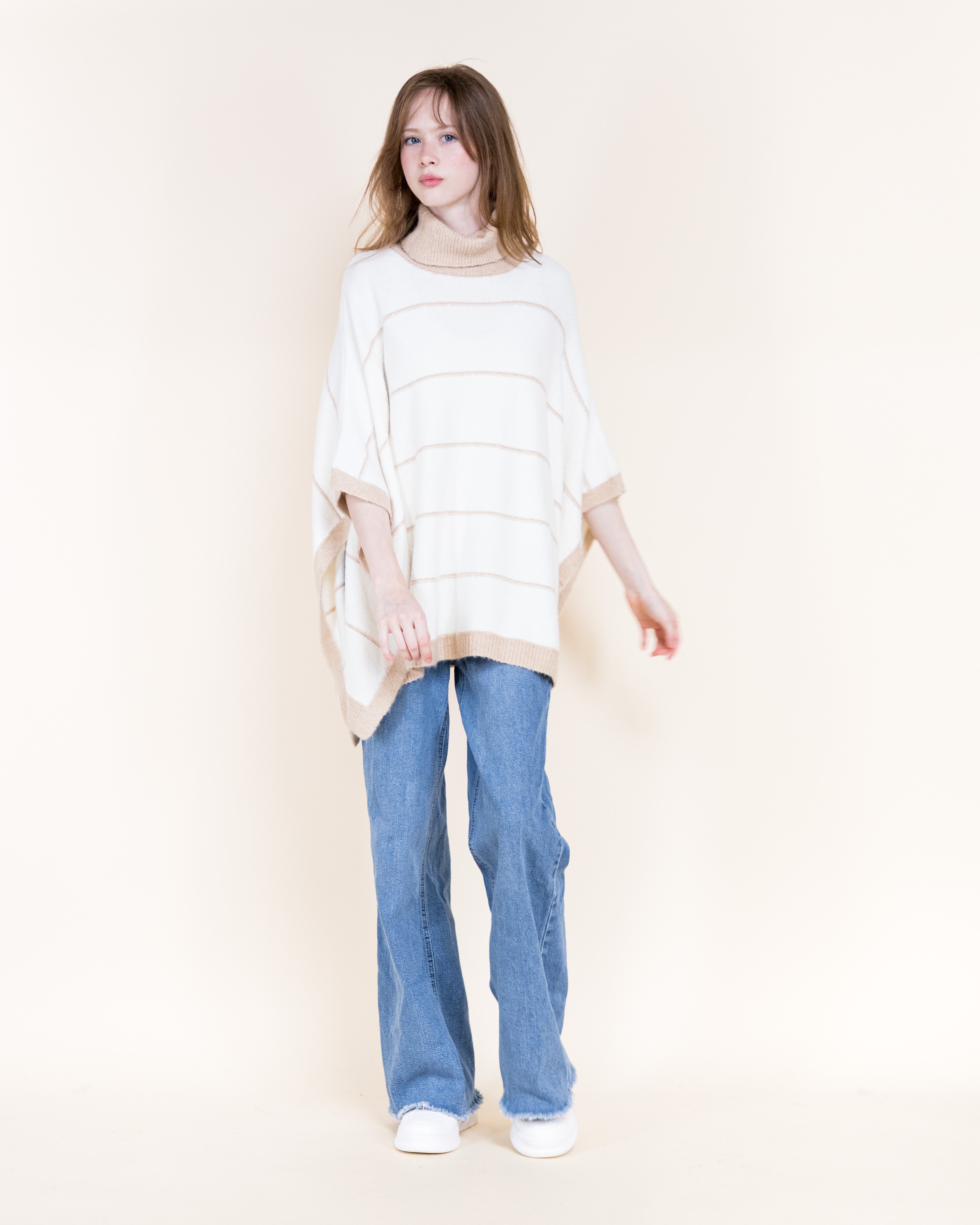 Nordic Thin Stripe Ribbed Turtle Neck Poncho-GREEN (S/M, L/XL) (Pack of 6)