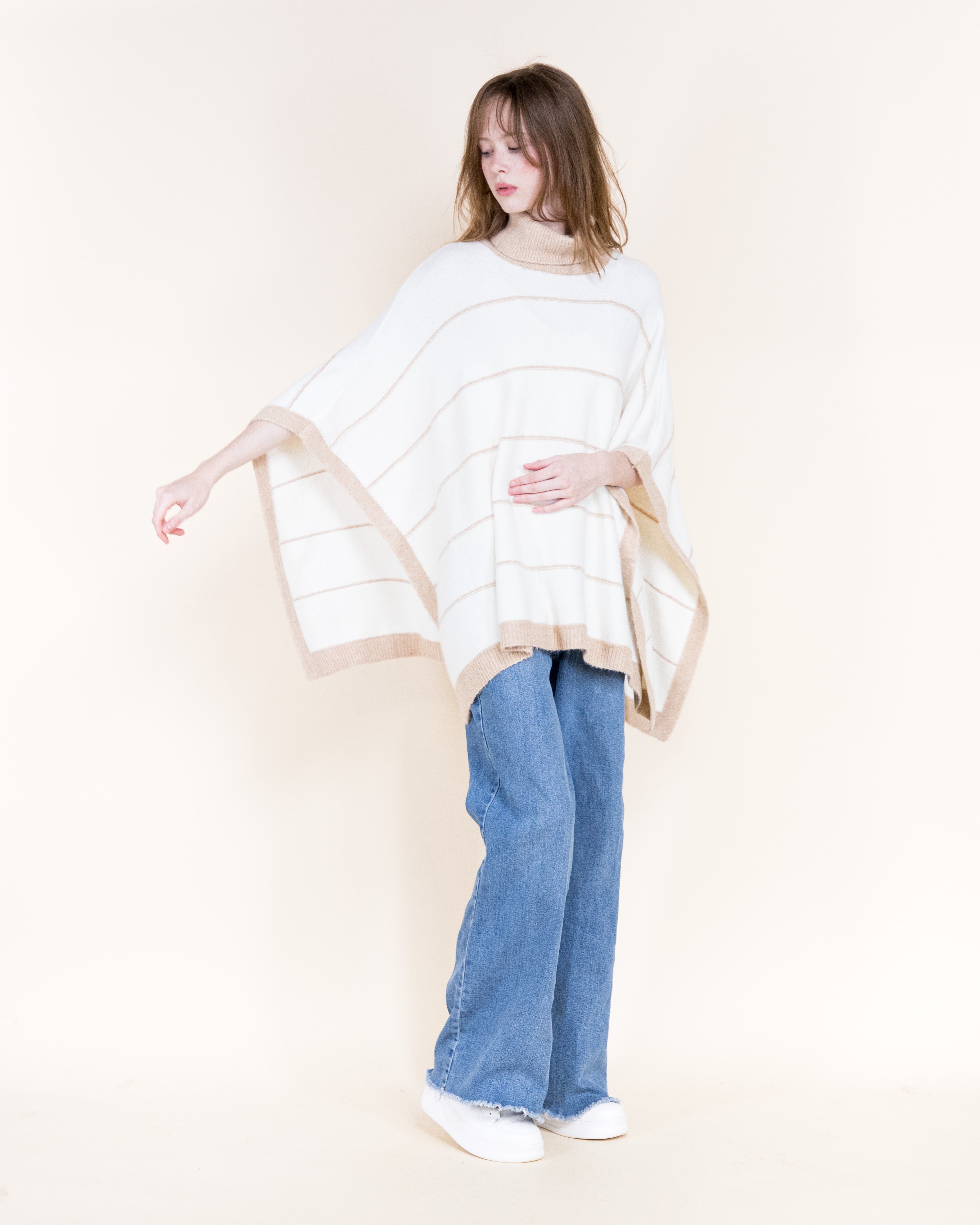 Nordic Thin Stripe Ribbed Turtle Neck Poncho-GREEN (S/M, L/XL) (Pack of 6)