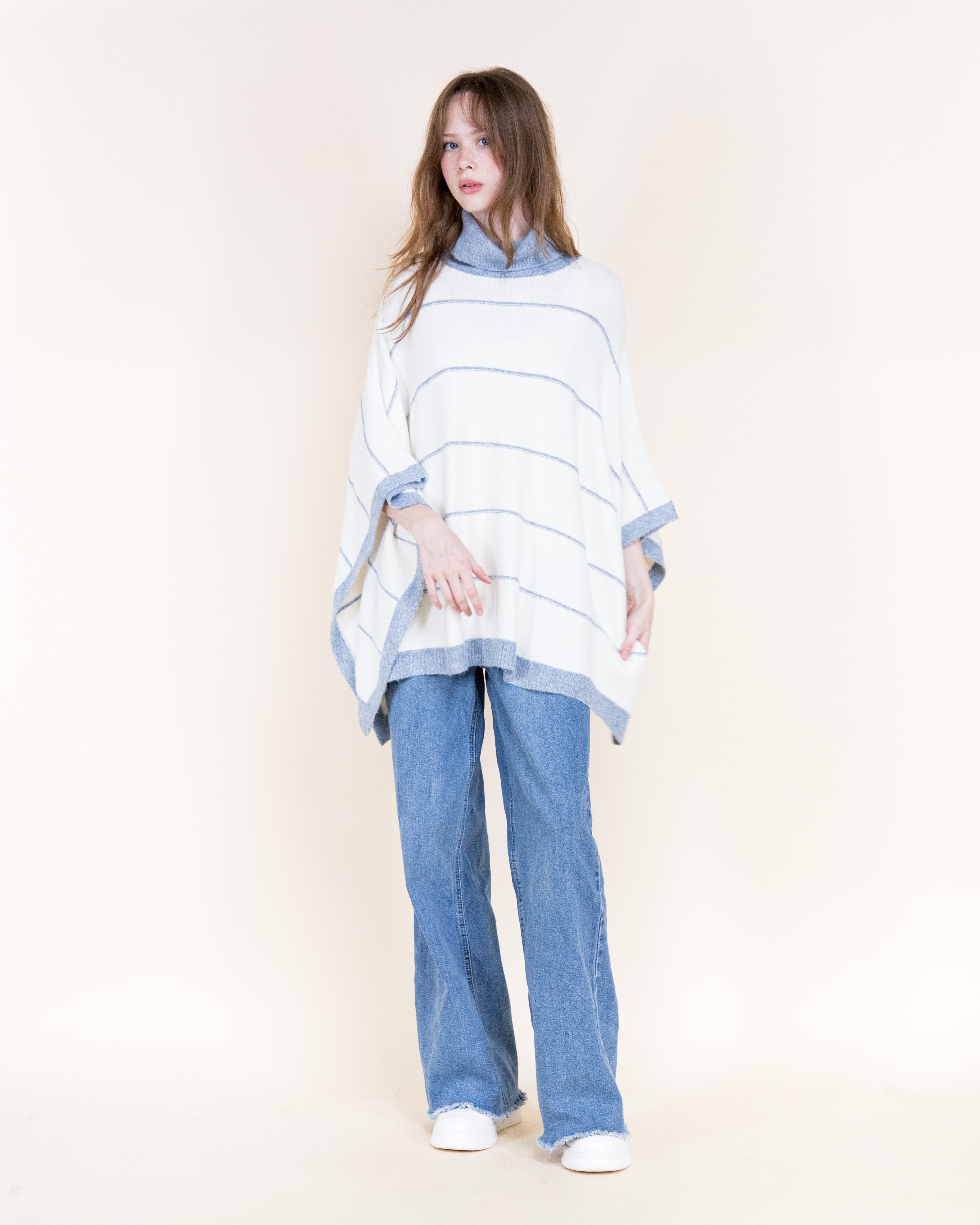 Nordic Thin Stripe Ribbed Turtle Neck Poncho-GREEN (S/M, L/XL) (Pack of 6)