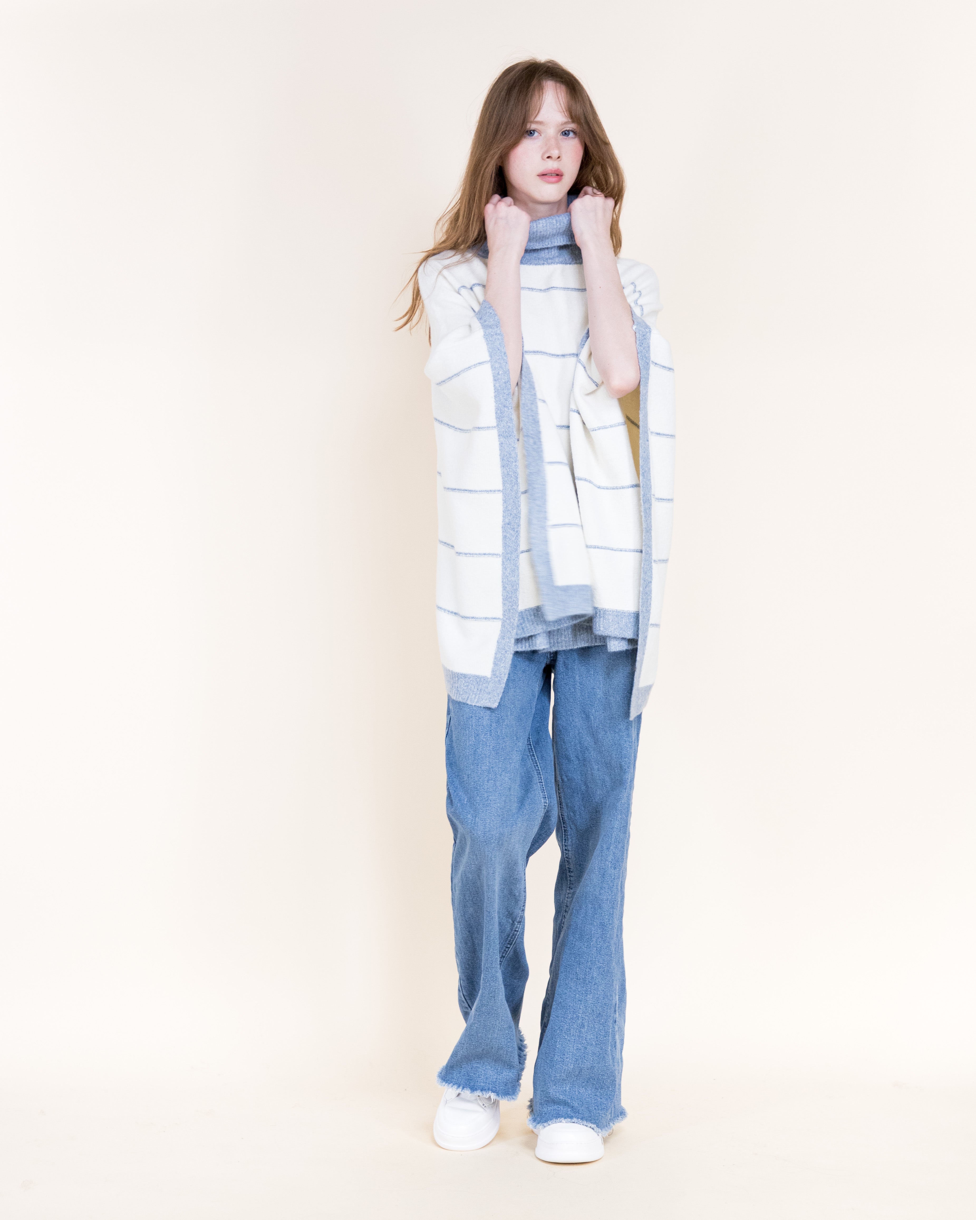 Nordic Thin Stripe Ribbed Turtle Neck Poncho-GREEN (S/M, L/XL) (Pack of 6)