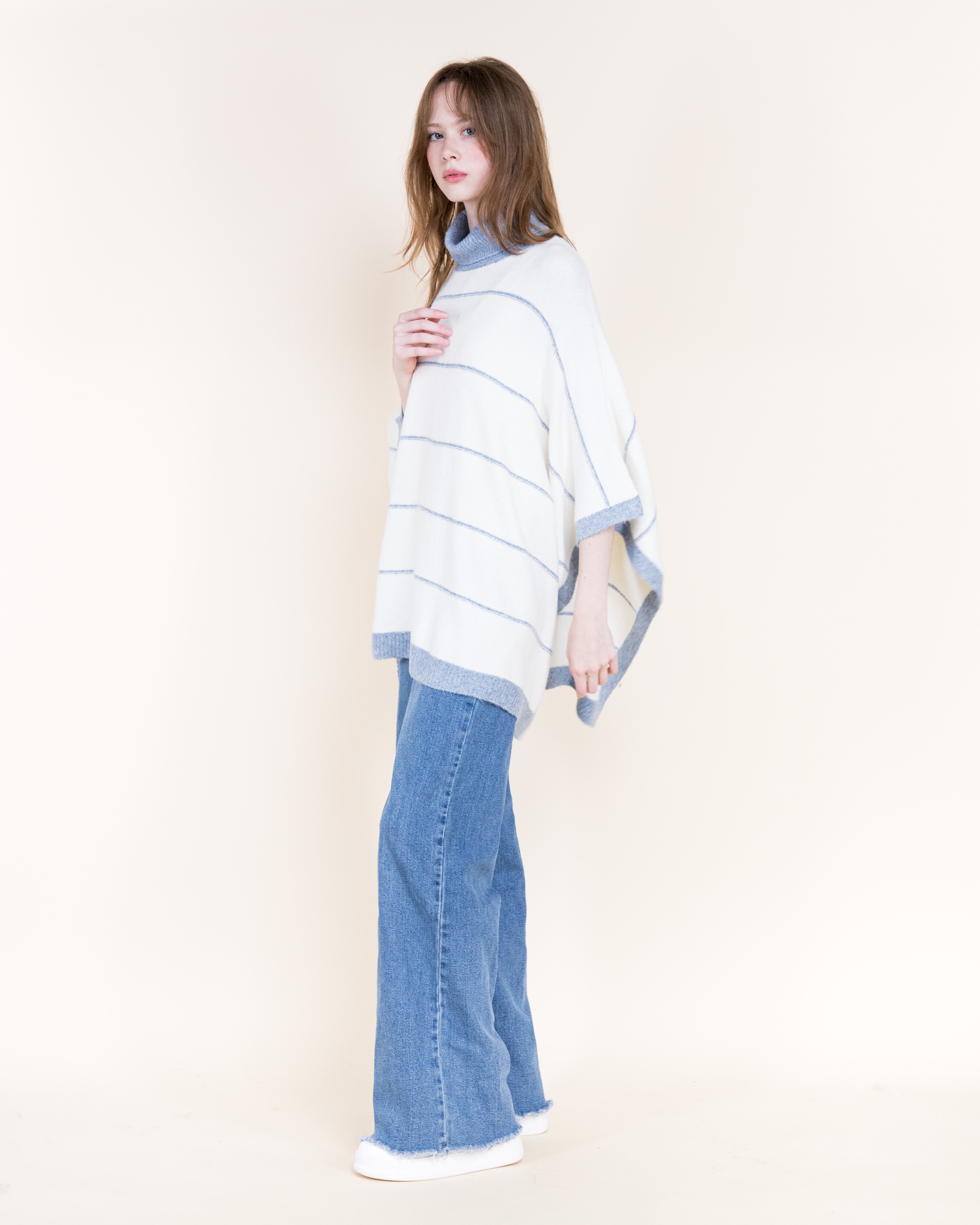Nordic Thin Stripe Ribbed Turtle Neck Poncho-GREEN (S/M, L/XL) (Pack of 6)