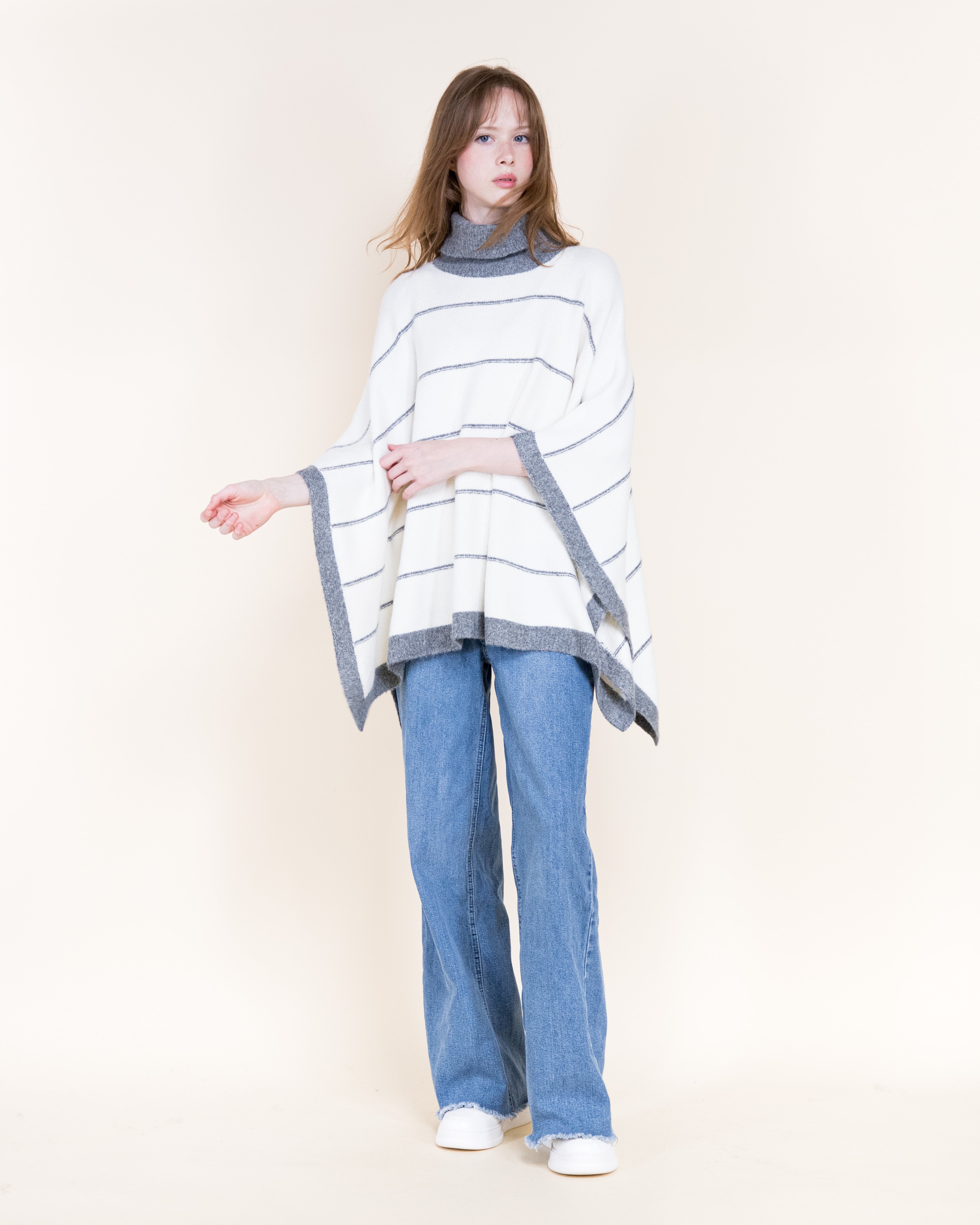 Nordic Thin Stripe Ribbed Turtle Neck Poncho-GREEN (S/M, L/XL) (Pack of 6)