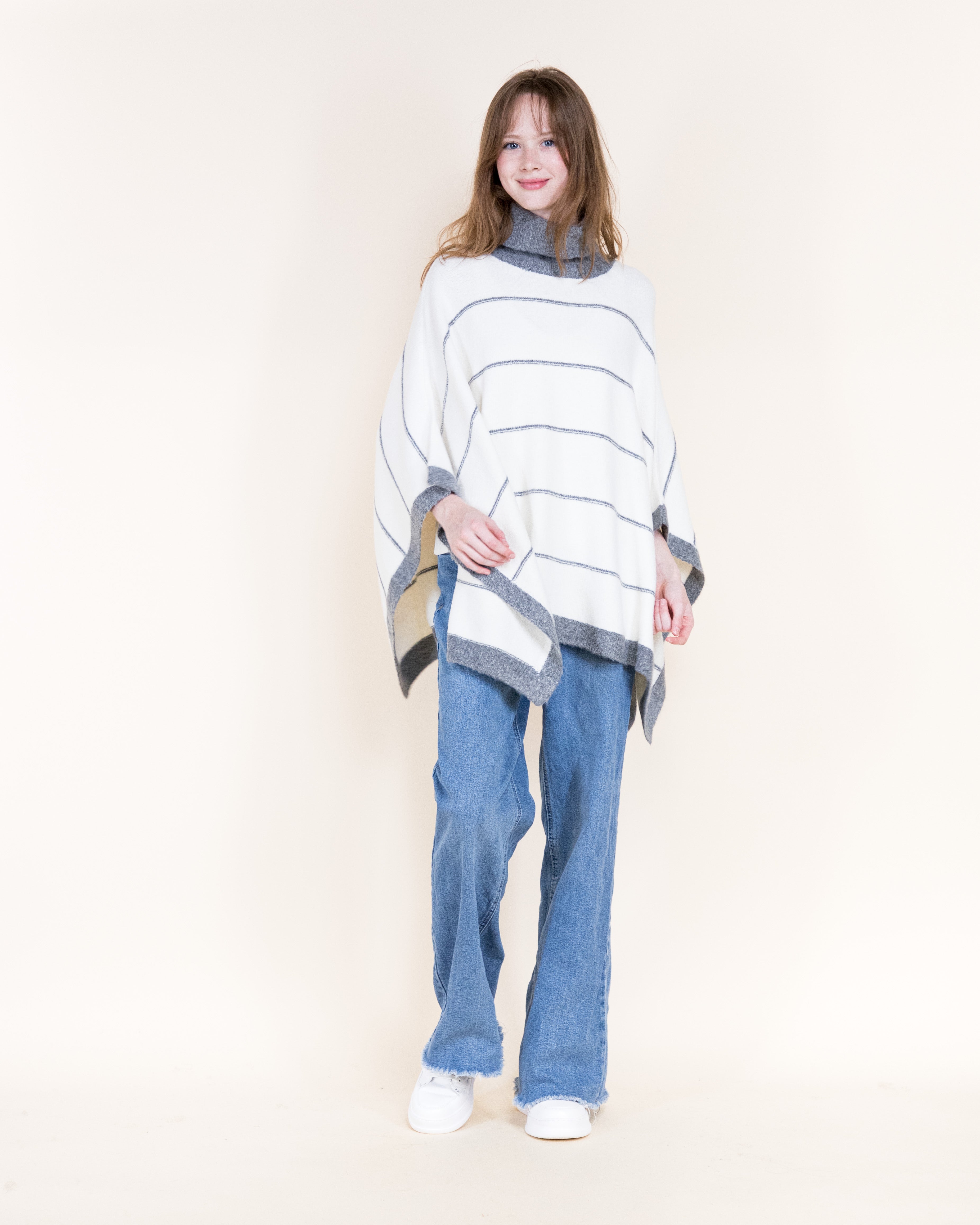 Nordic Thin Stripe Ribbed Turtle Neck Poncho-GREEN (S/M, L/XL) (Pack of 6)