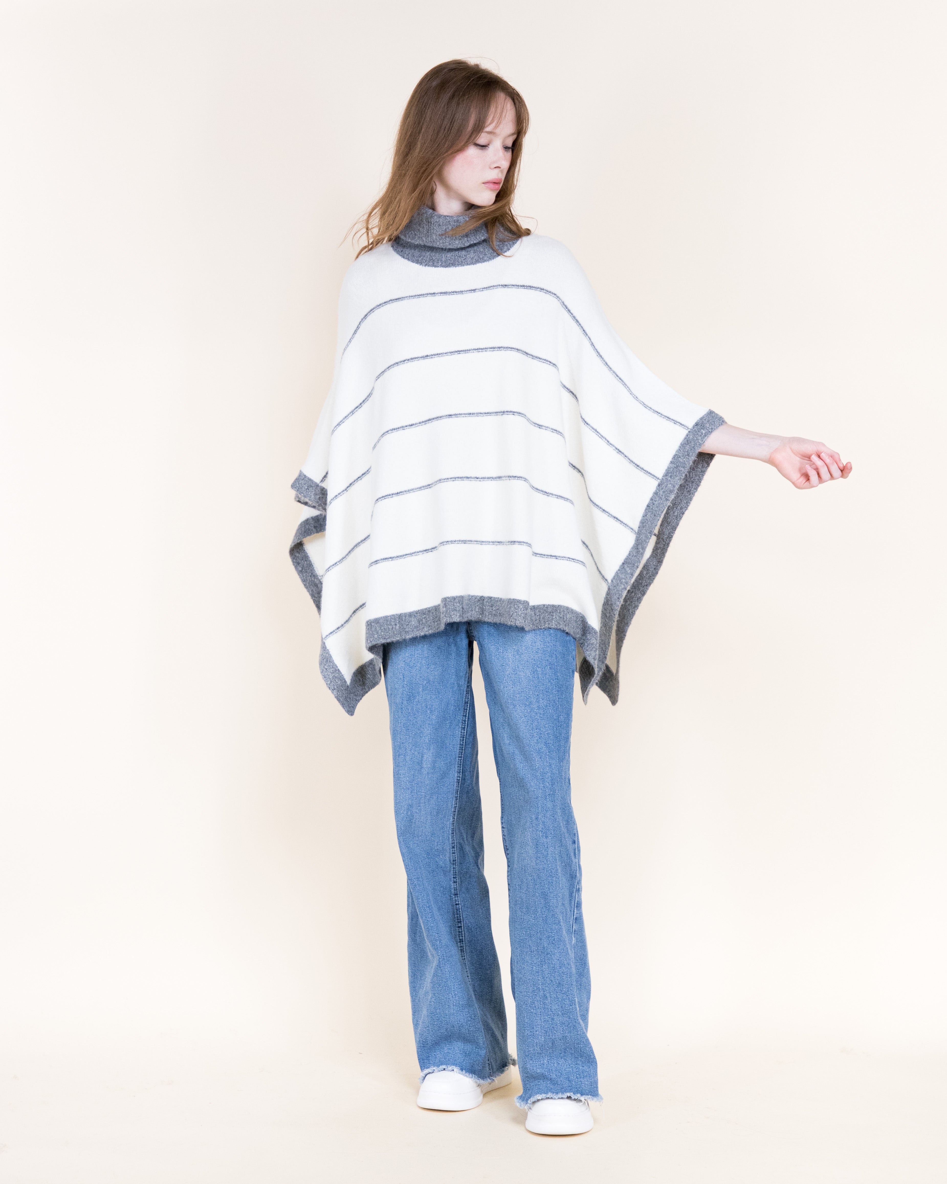 Nordic Thin Stripe Ribbed Turtle Neck Poncho-GREEN (S/M, L/XL) (Pack of 6)