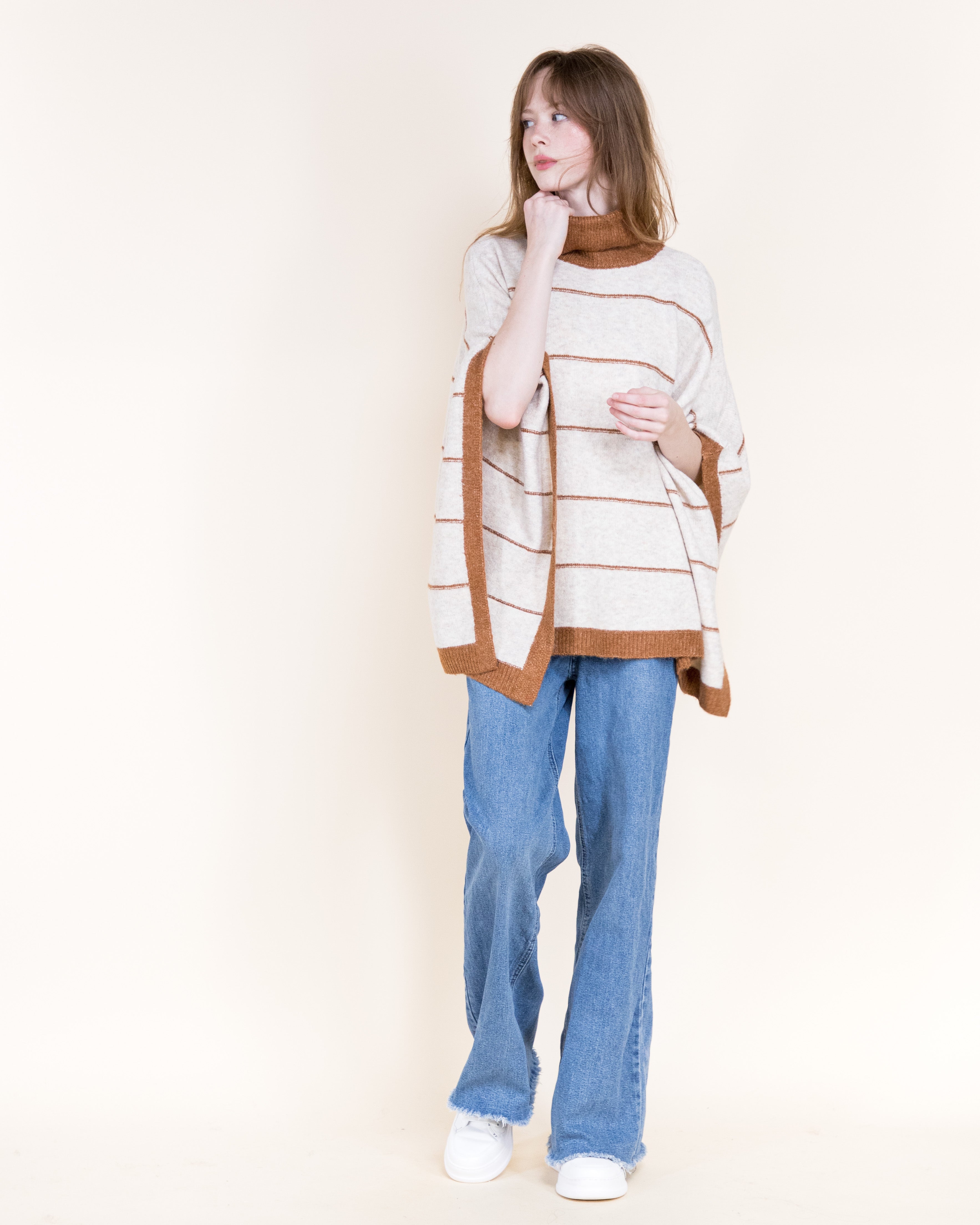 Nordic Thin Stripe Ribbed Turtle Neck Poncho-GREEN (S/M, L/XL) (Pack of 6)