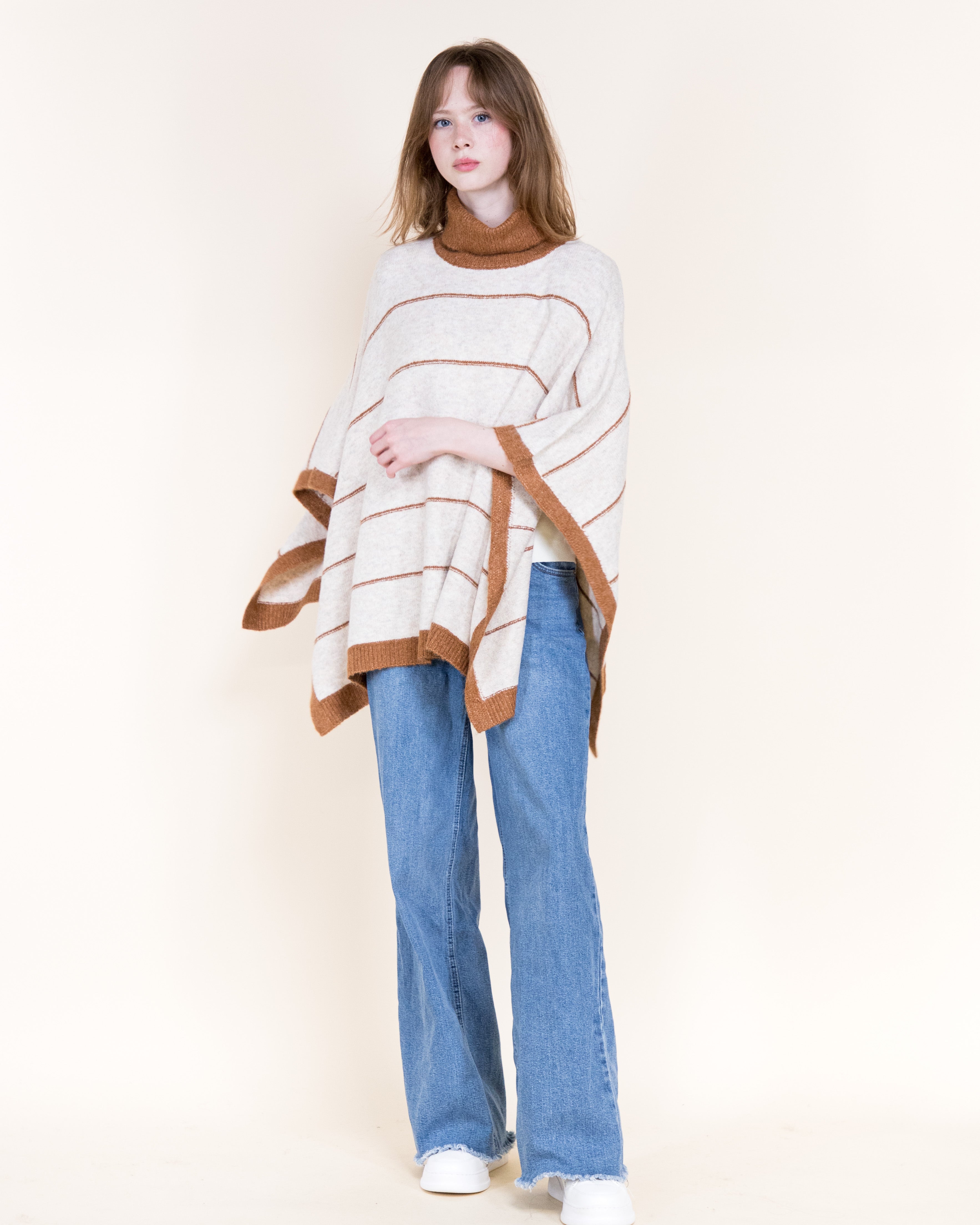 Nordic Thin Stripe Ribbed Turtle Neck Poncho-GREEN (S/M, L/XL) (Pack of 6)