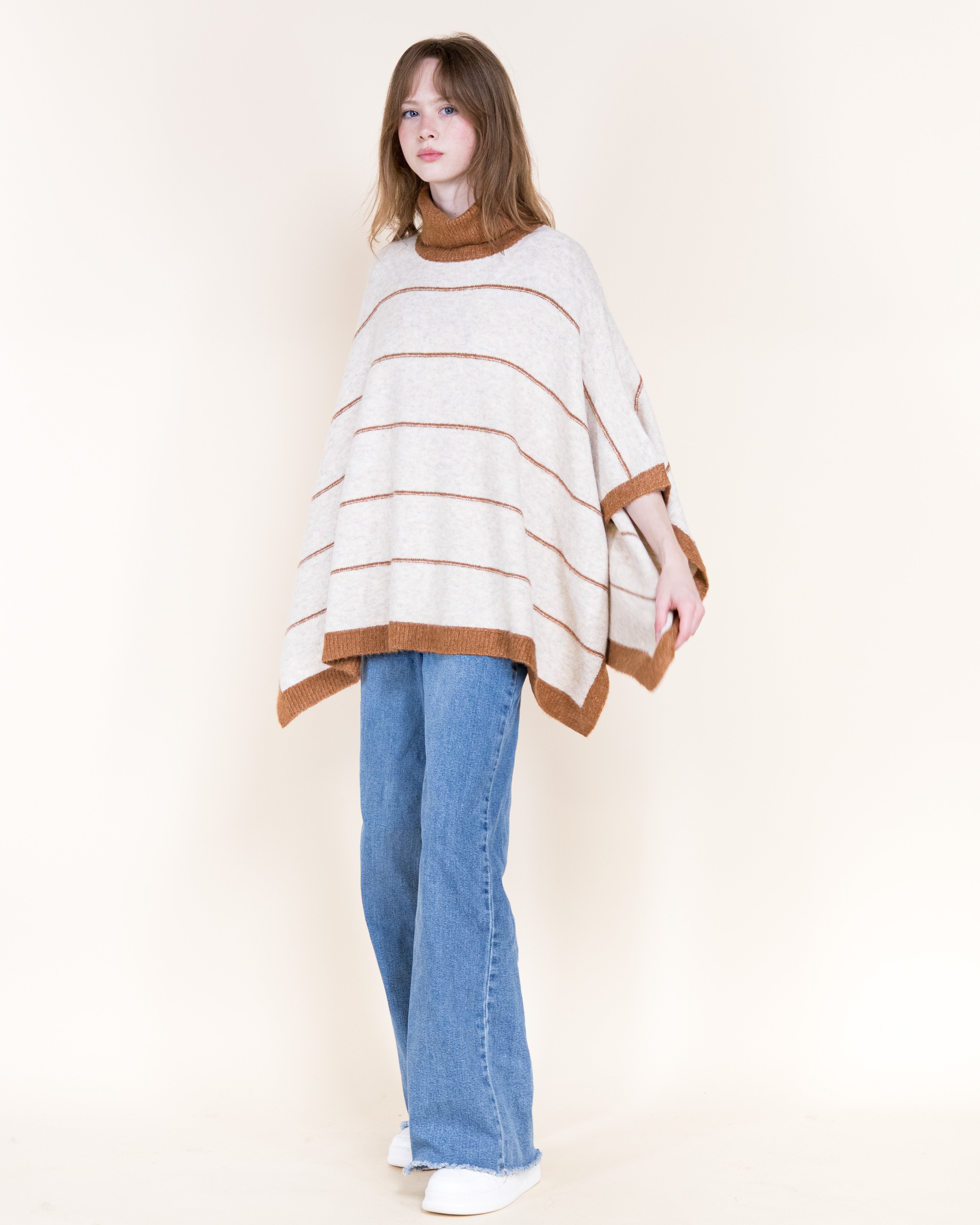 Nordic Thin Stripe Ribbed Turtle Neck Poncho-GREEN (S/M, L/XL) (Pack of 6)