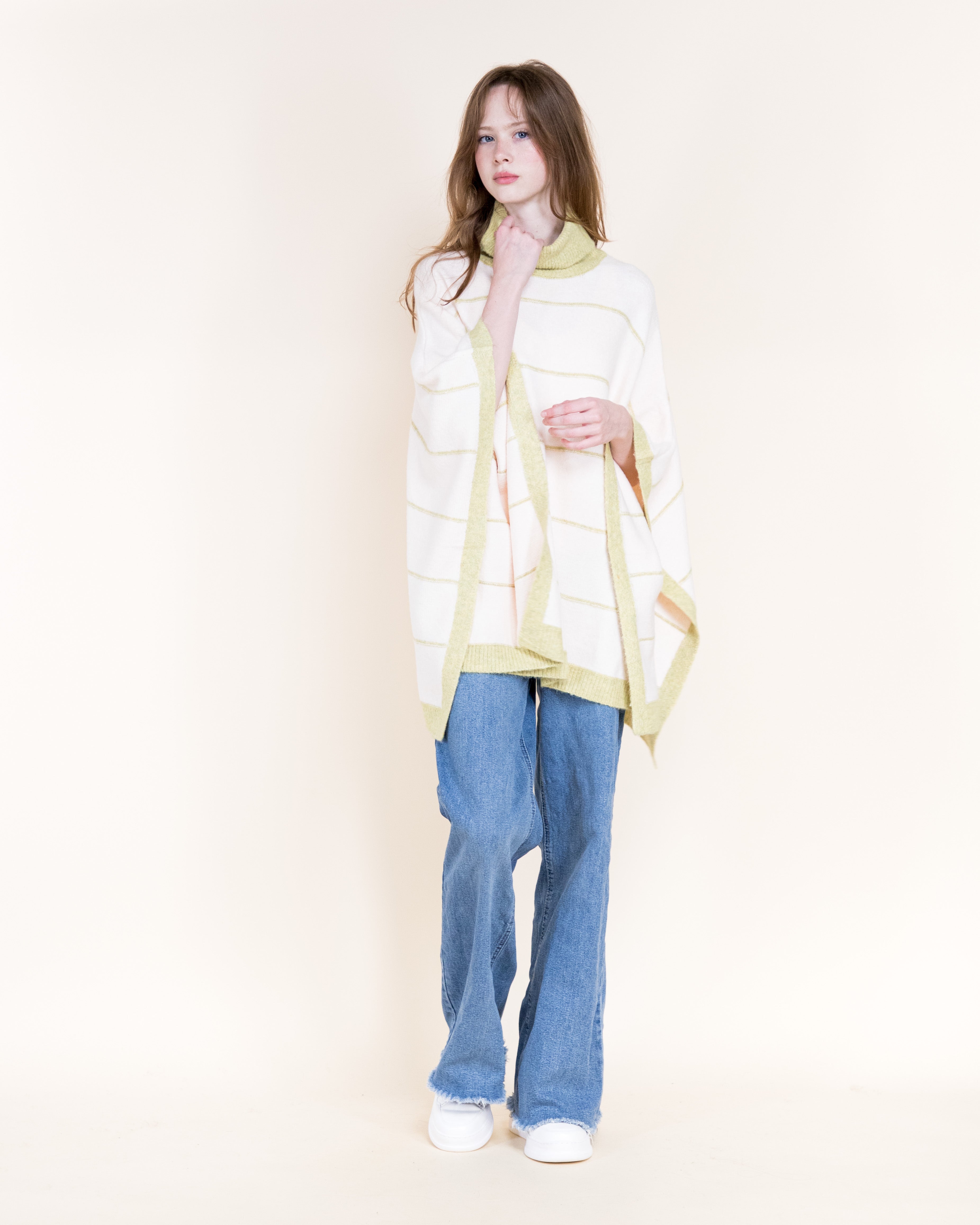 Nordic Thin Stripe Ribbed Turtle Neck Poncho-GREEN (S/M, L/XL) (Pack of 6)