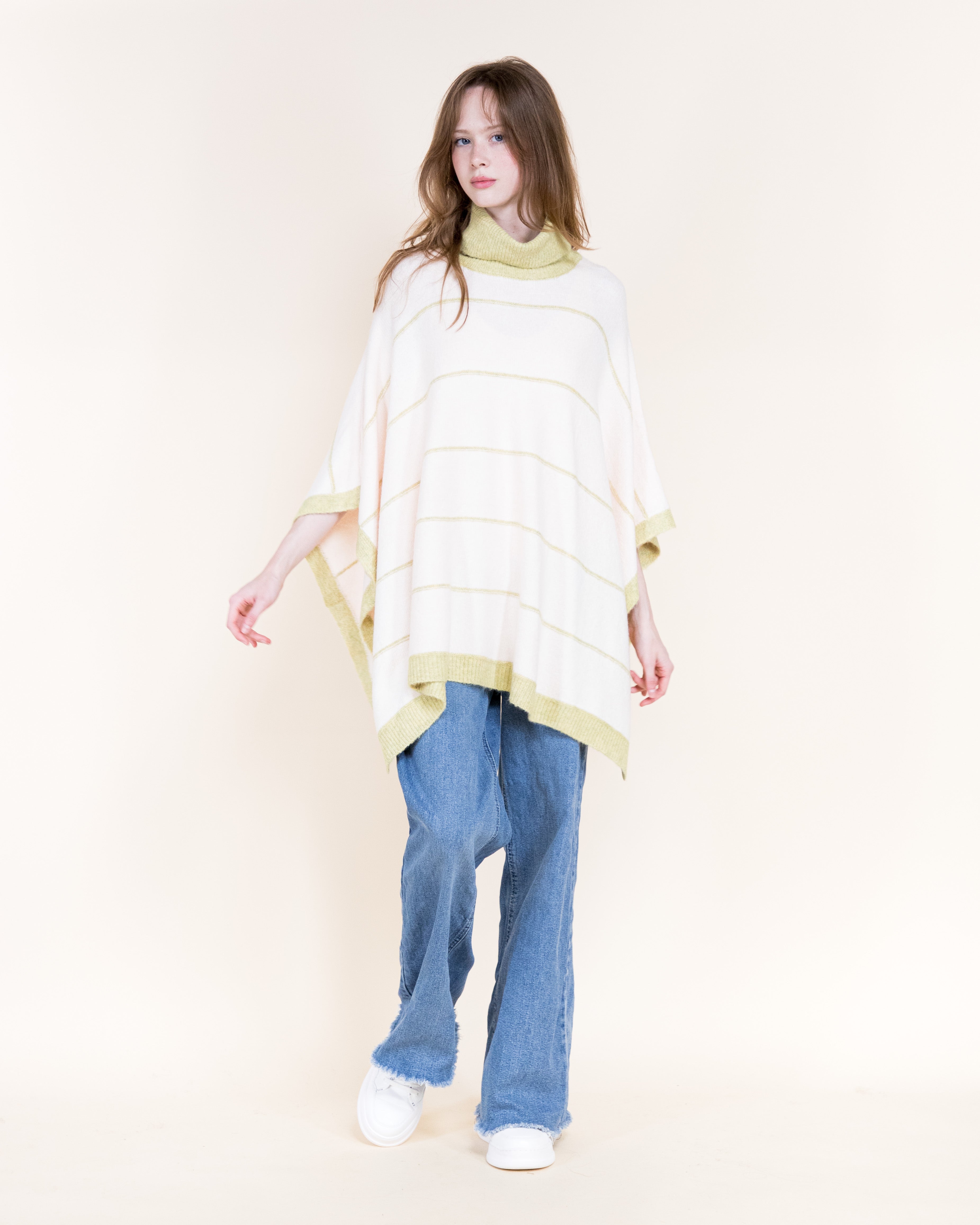 Nordic Thin Stripe Ribbed Turtle Neck Poncho-GREEN (S/M, L/XL) (Pack of 6)
