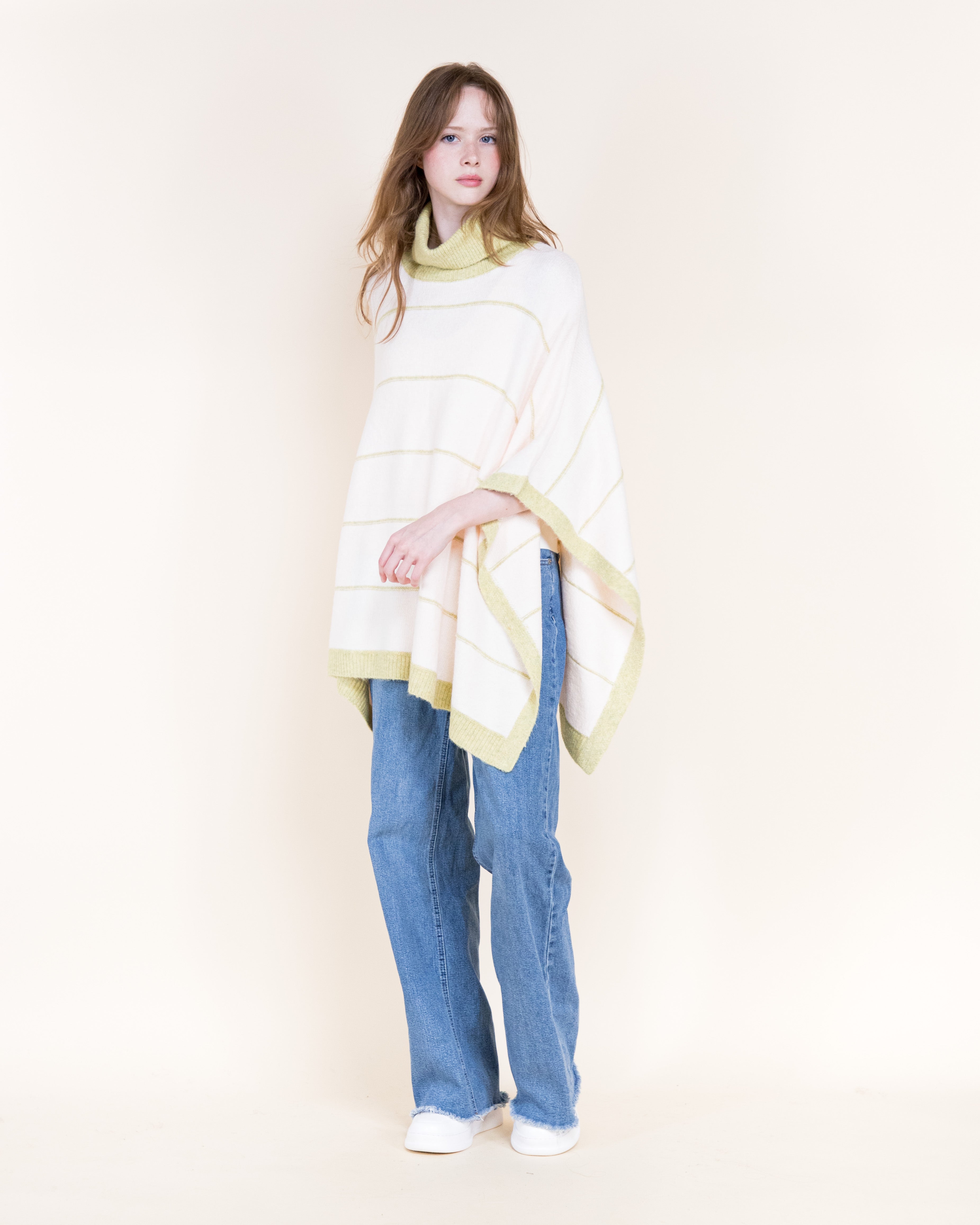 Nordic Thin Stripe Ribbed Turtle Neck Poncho-GREEN (S/M, L/XL) (Pack of 6)
