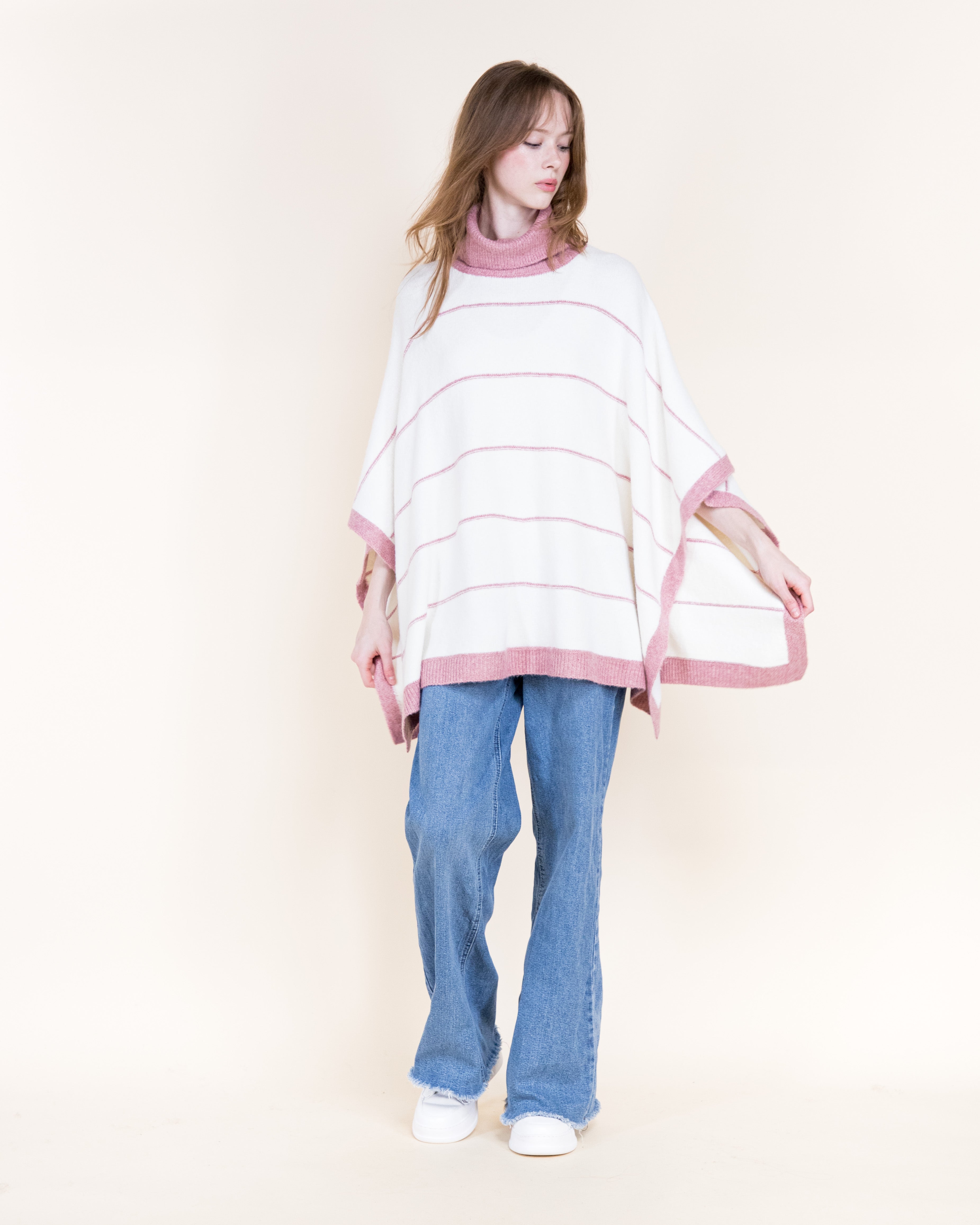 Nordic Thin Stripe Ribbed Turtle Neck Poncho-GREEN (S/M, L/XL) (Pack of 6)