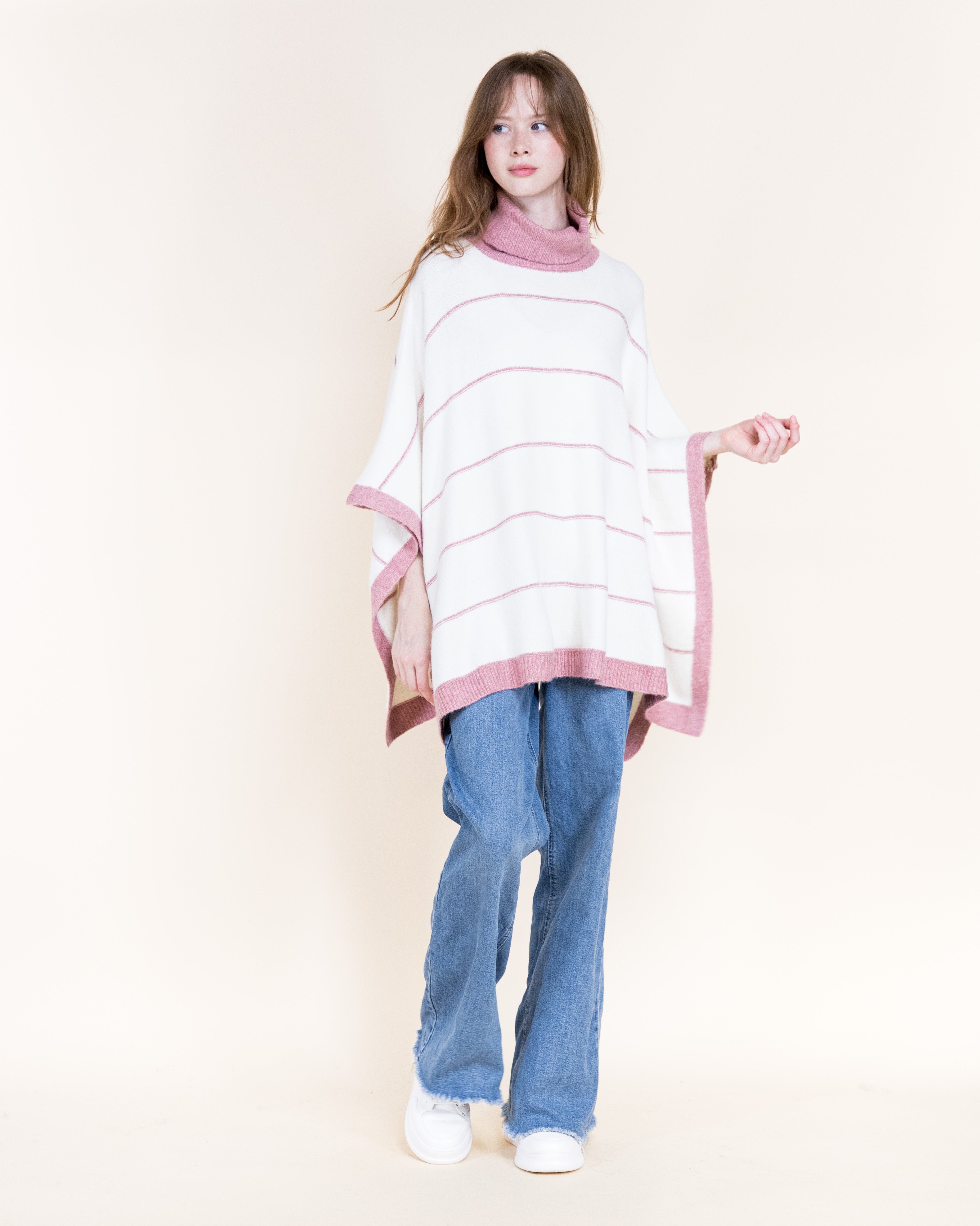 Nordic Thin Stripe Ribbed Turtle Neck Poncho-GREEN (S/M, L/XL) (Pack of 6)