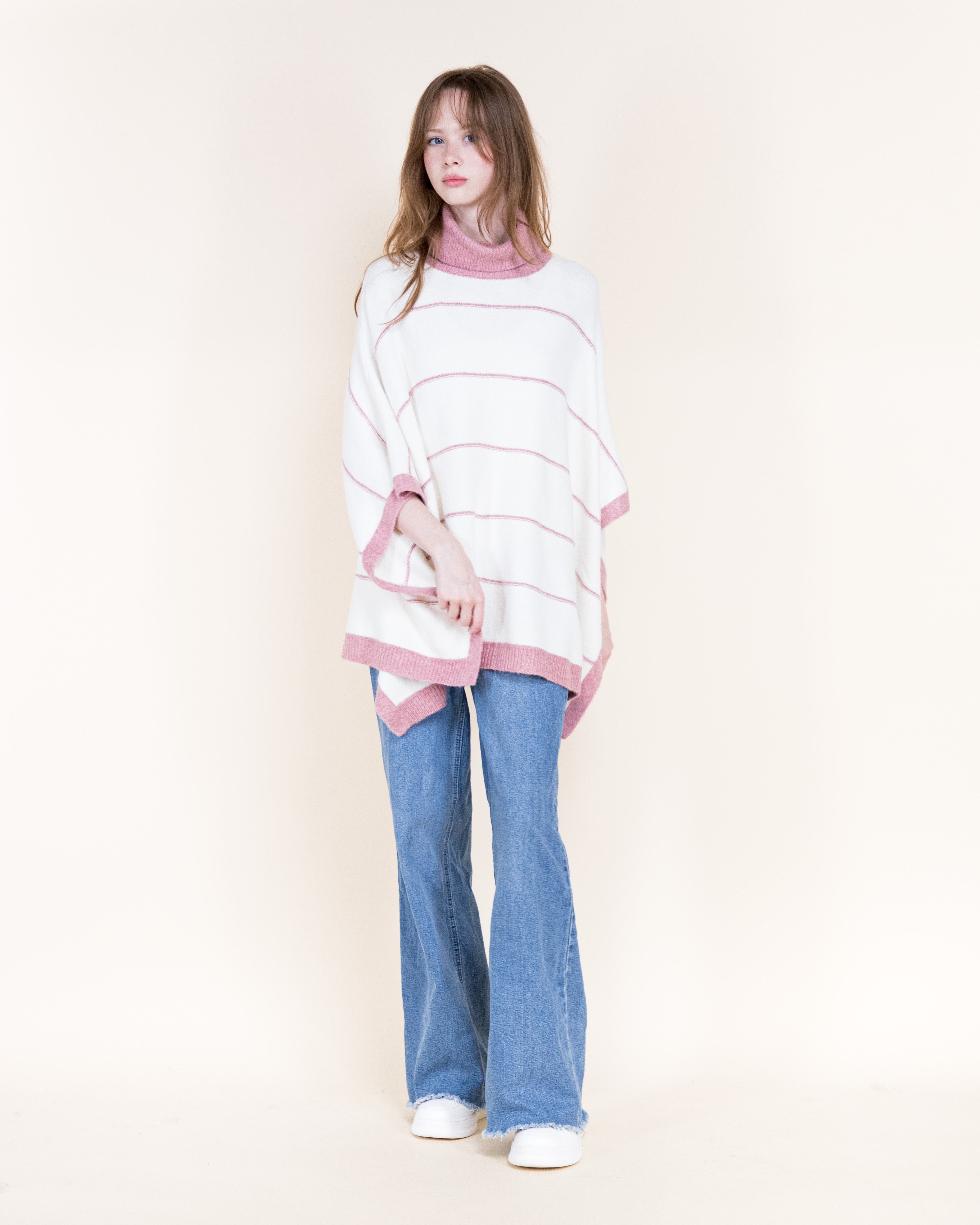 Nordic Thin Stripe Ribbed Turtle Neck Poncho-GREEN (S/M, L/XL) (Pack of 6)