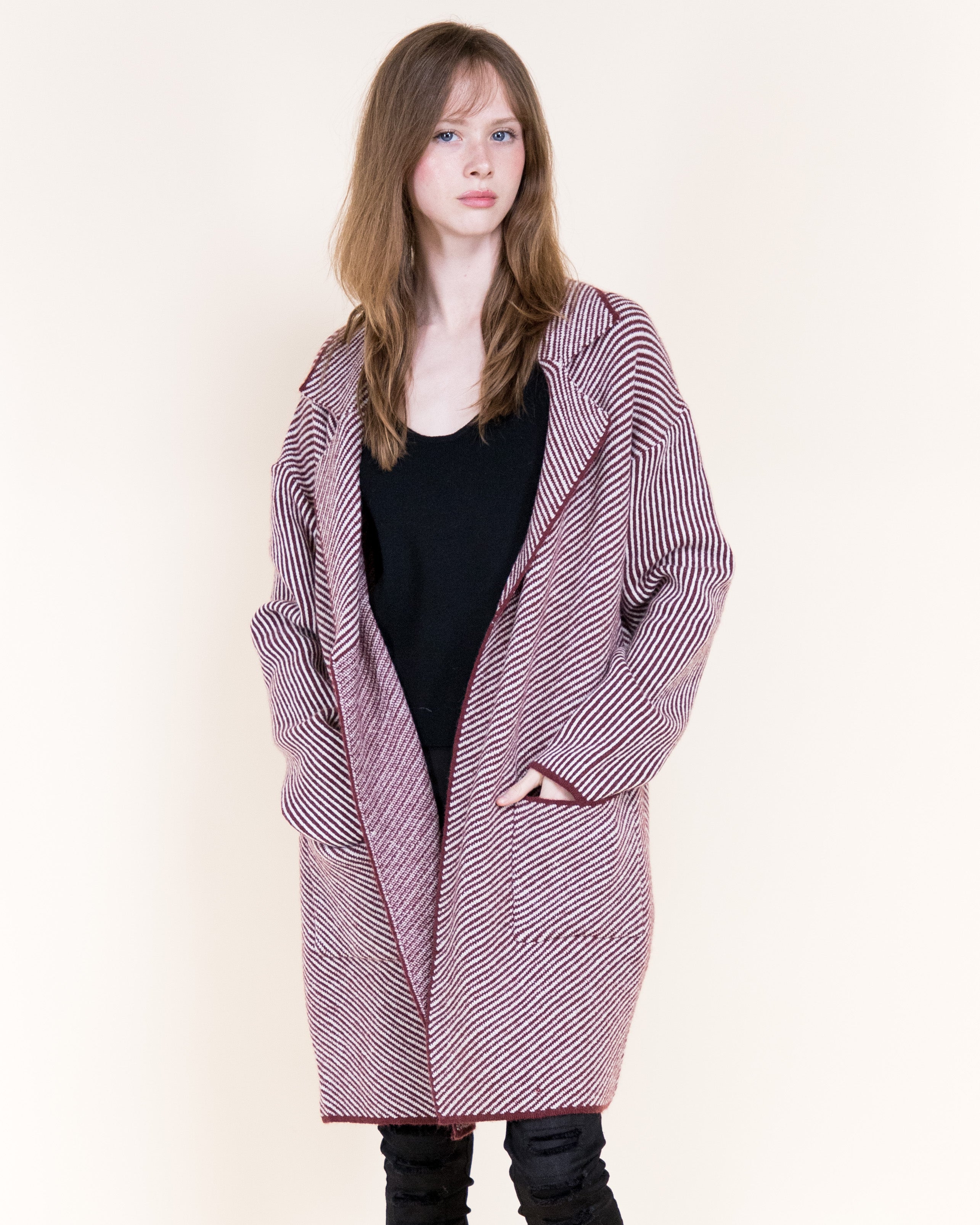 Pinstripe Notch Lapel Open Coatigan-BEIGE (S/M, L/XL) (Pack of 6)
