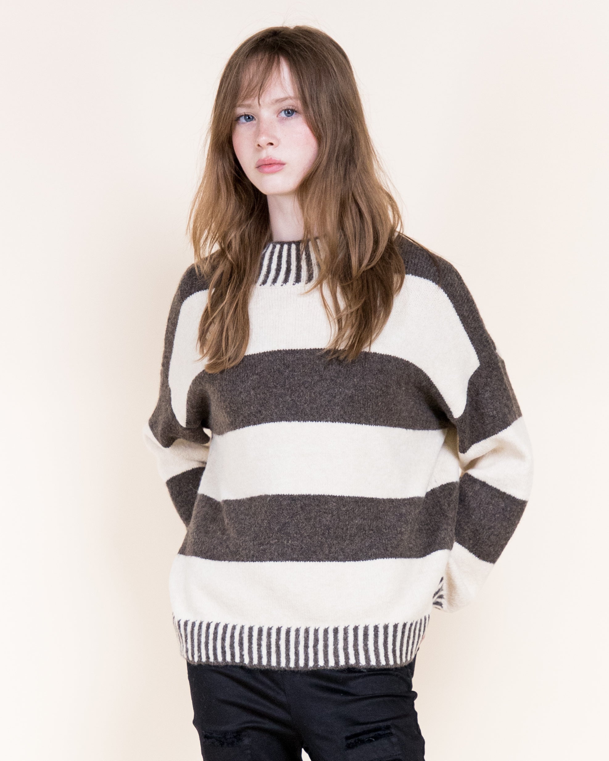 Wide Breton Stripes Weekend Pullover Sweater-CAMEL (S/M, L/XL) (Pack of 6)