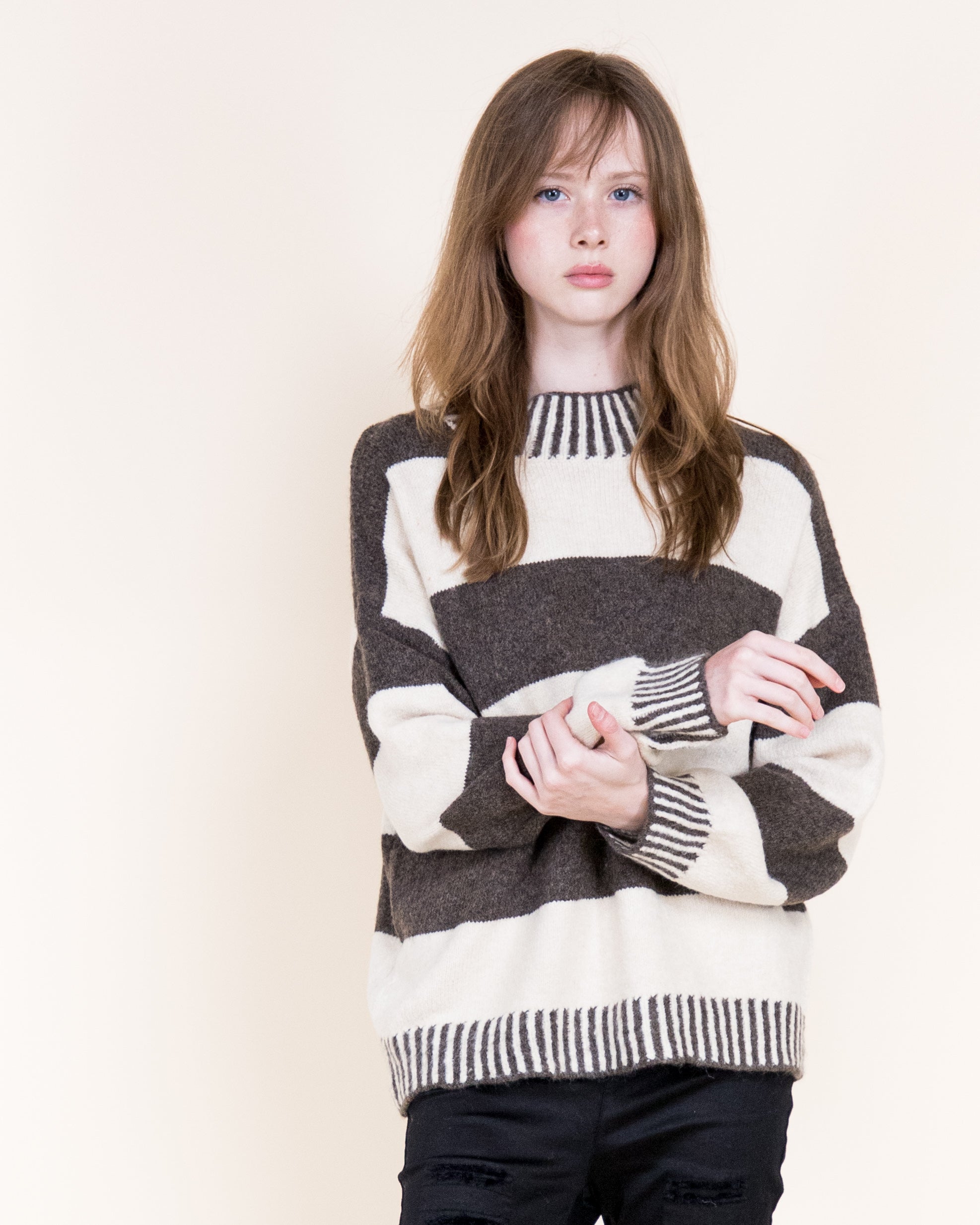 Wide Breton Stripes Weekend Pullover Sweater-CAMEL (S/M, L/XL) (Pack of 6)