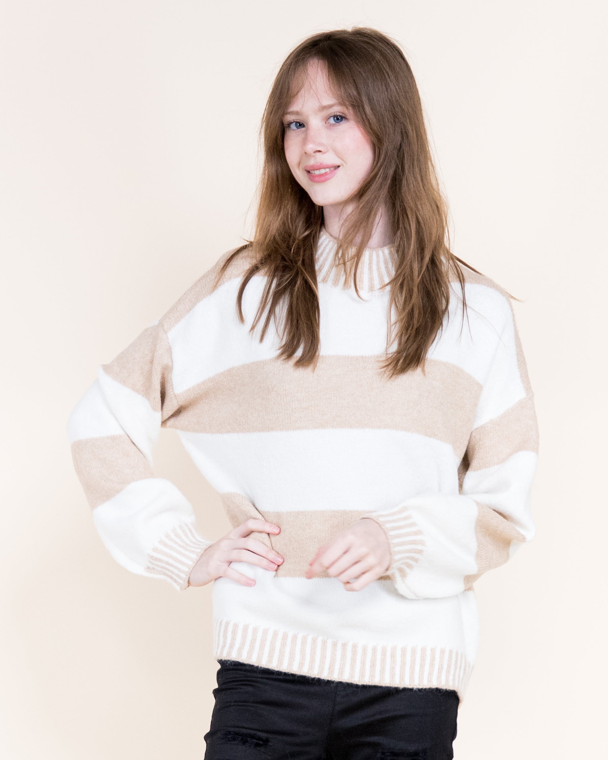 Wide Breton Stripes Weekend Pullover Sweater-CAMEL (S/M, L/XL) (Pack of 6)