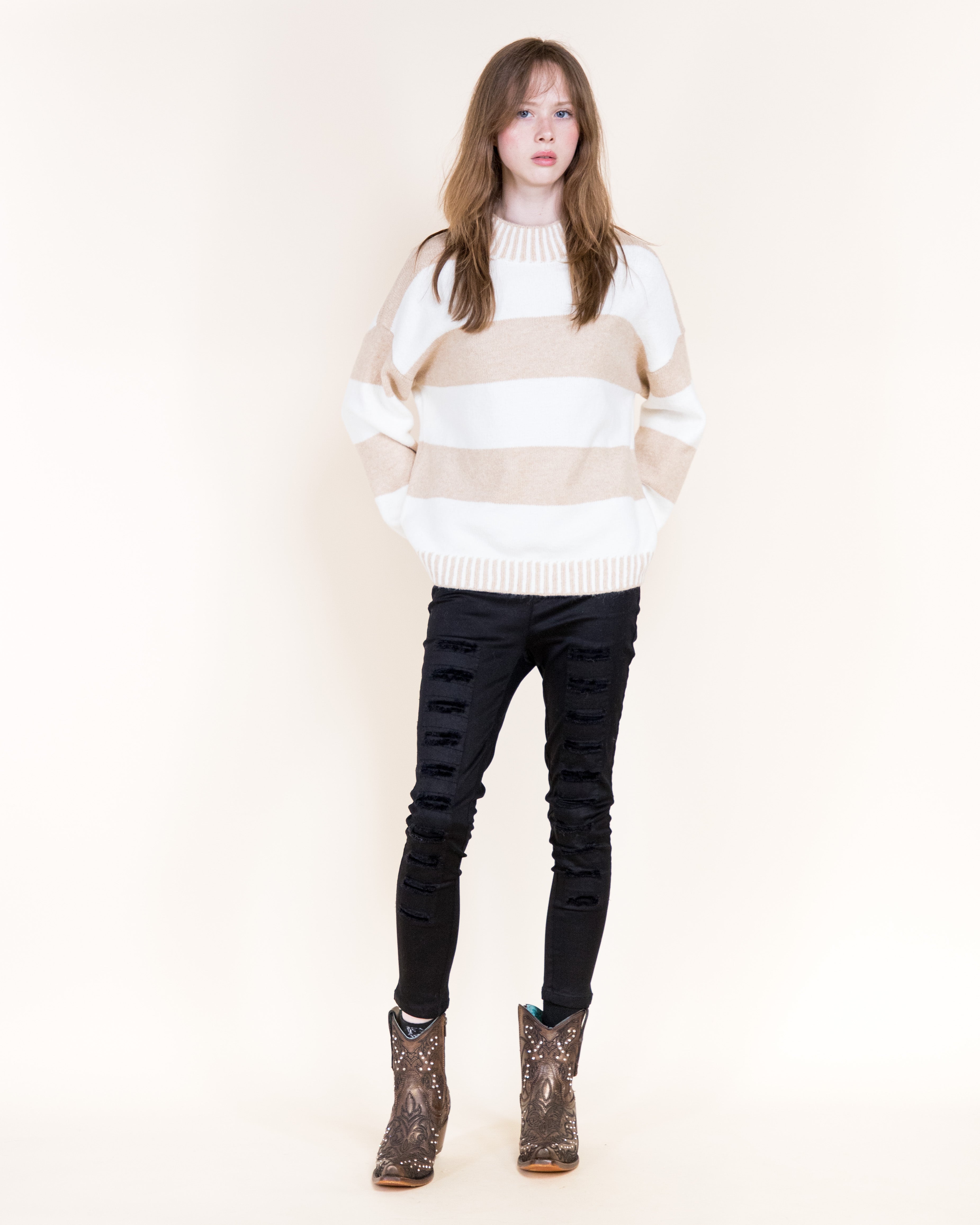 Wide Breton Stripes Weekend Pullover Sweater-CAMEL (S/M, L/XL) (Pack of 6)