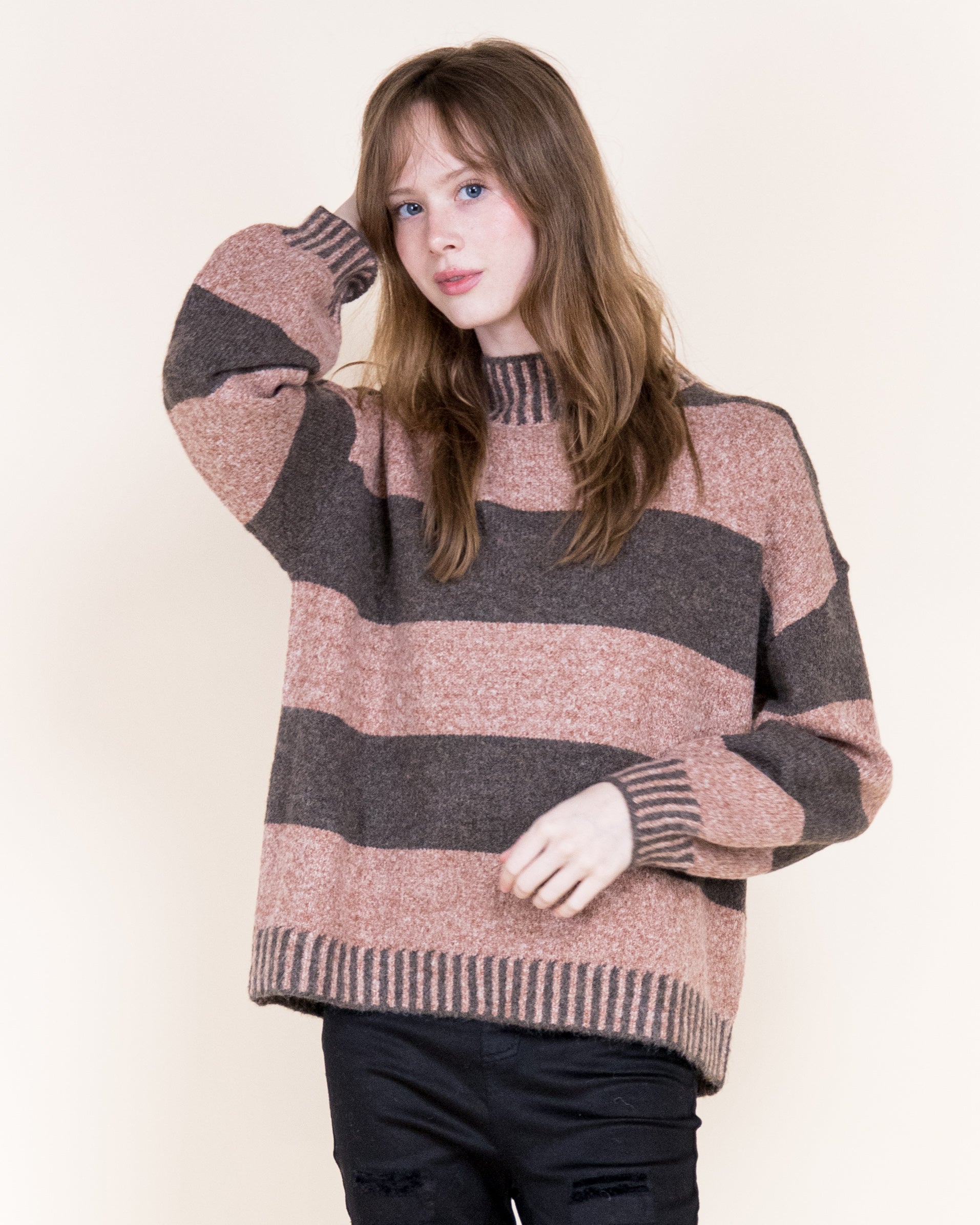 Wide Breton Stripes Weekend Pullover Sweater-CAMEL (S/M, L/XL) (Pack of 6)