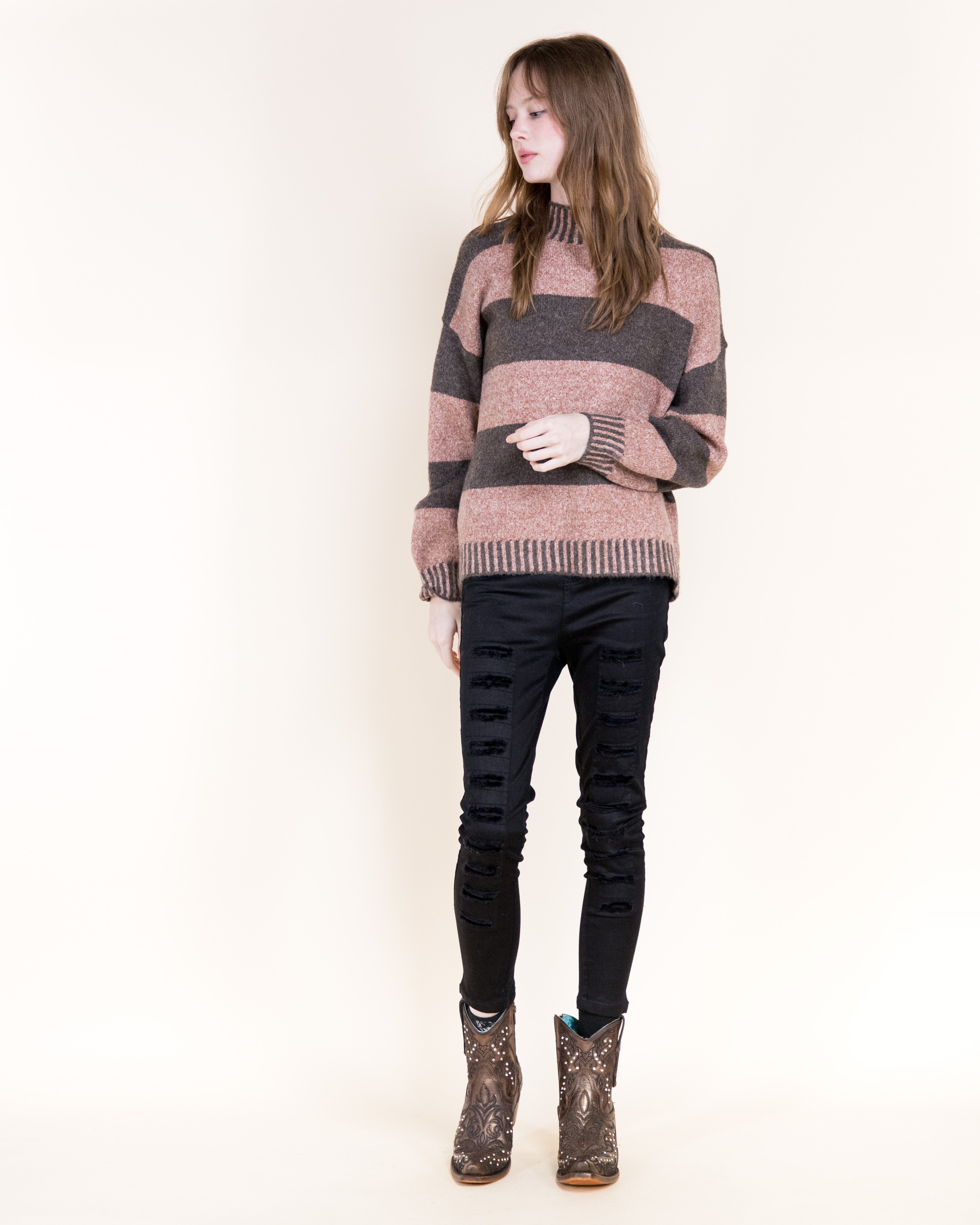 Wide Breton Stripes Weekend Pullover Sweater-CAMEL (S/M, L/XL) (Pack of 6)