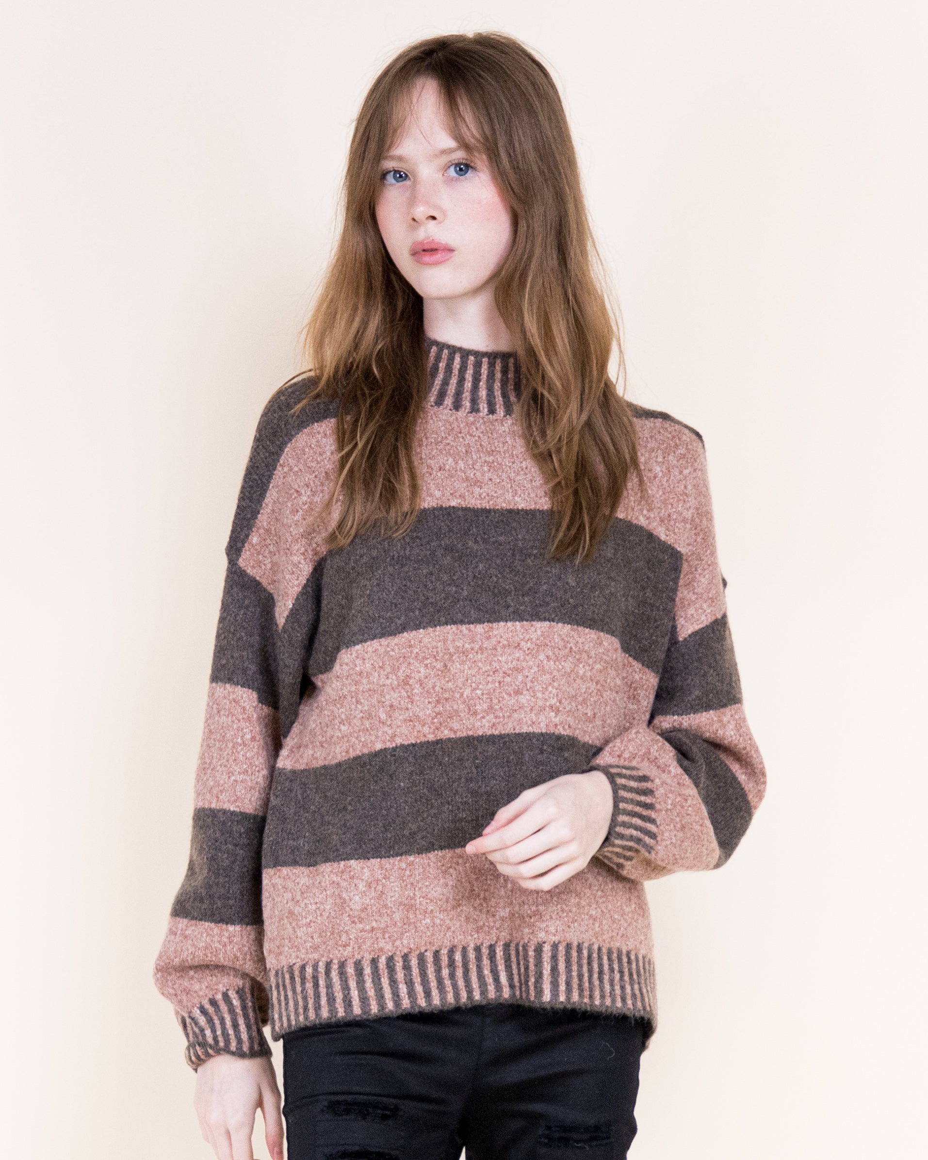 Wide Breton Stripes Weekend Pullover Sweater-CAMEL (S/M, L/XL) (Pack of 6)