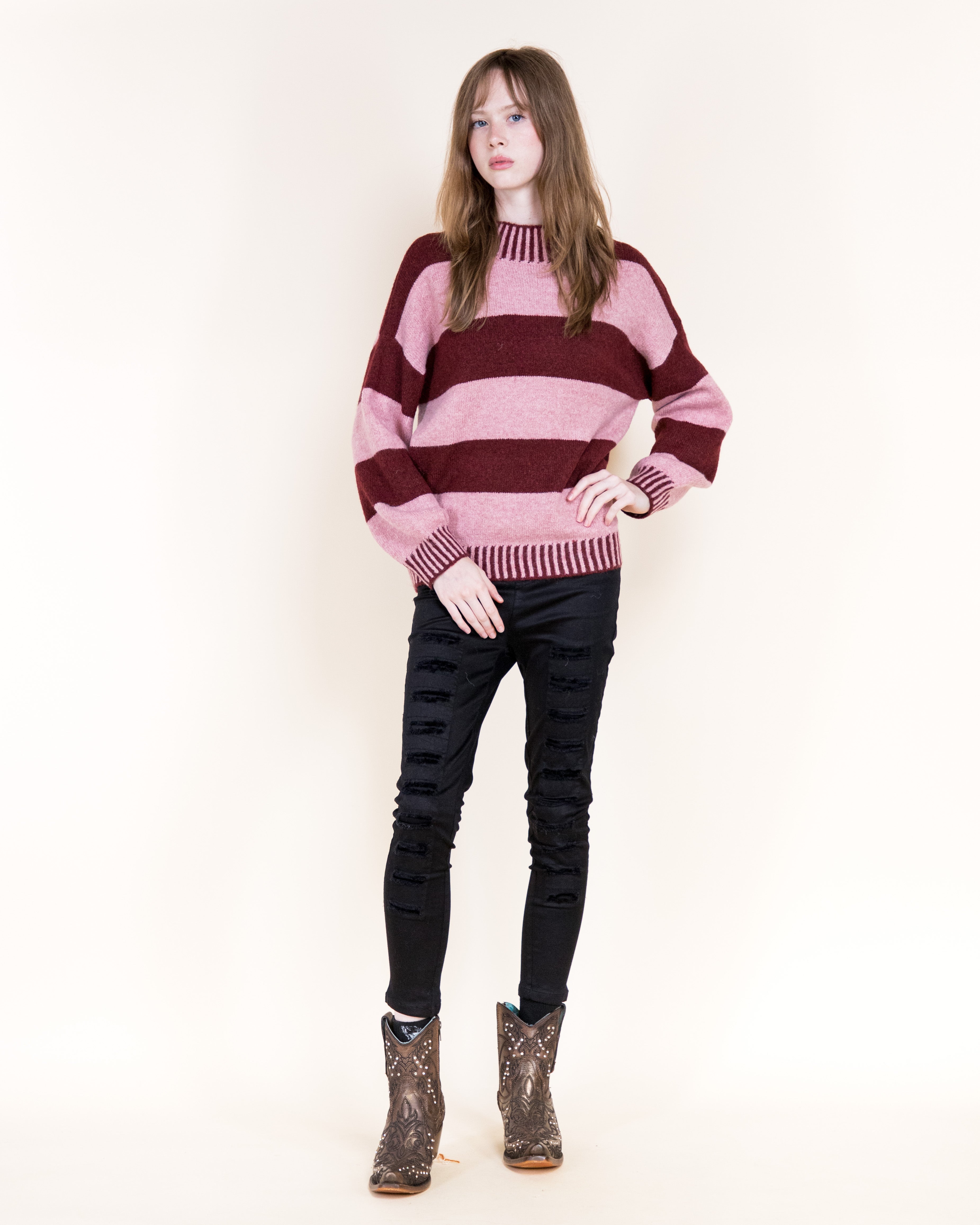 Wide Breton Stripes Weekend Pullover Sweater-CAMEL (S/M, L/XL) (Pack of 6)