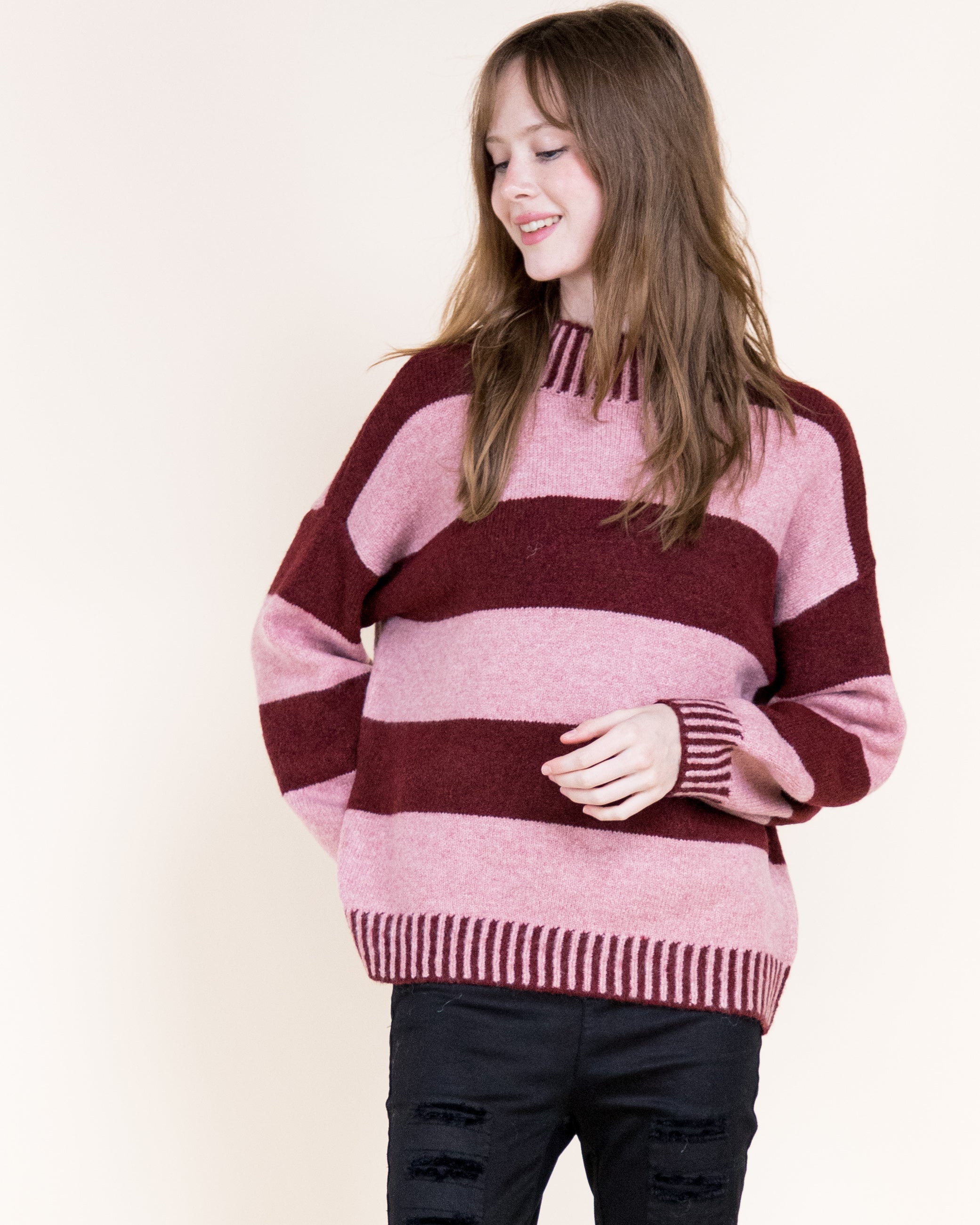 Wide Breton Stripes Weekend Pullover Sweater-CAMEL (S/M, L/XL) (Pack of 6)