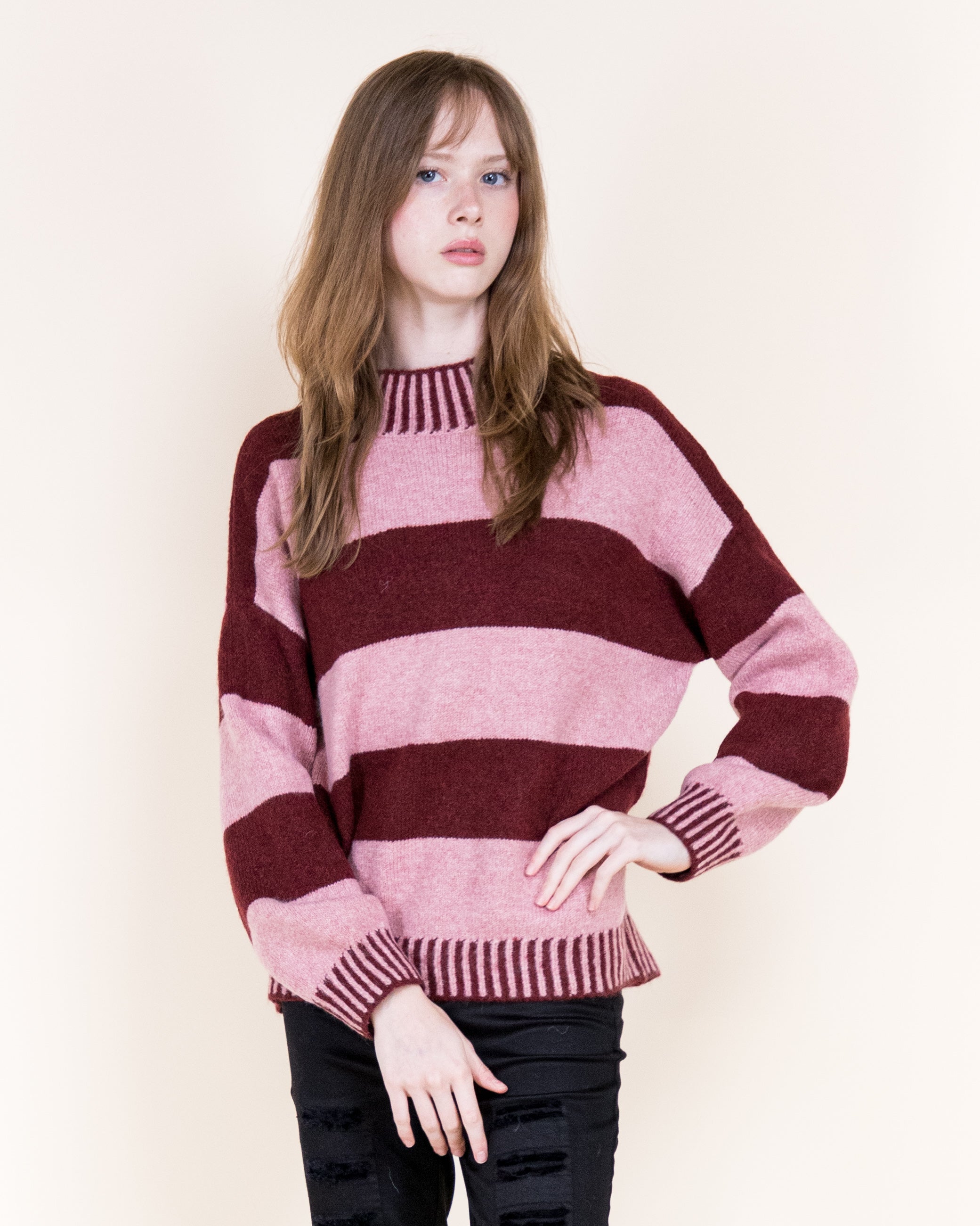 Wide Breton Stripes Weekend Pullover Sweater-CAMEL (S/M, L/XL) (Pack of 6)