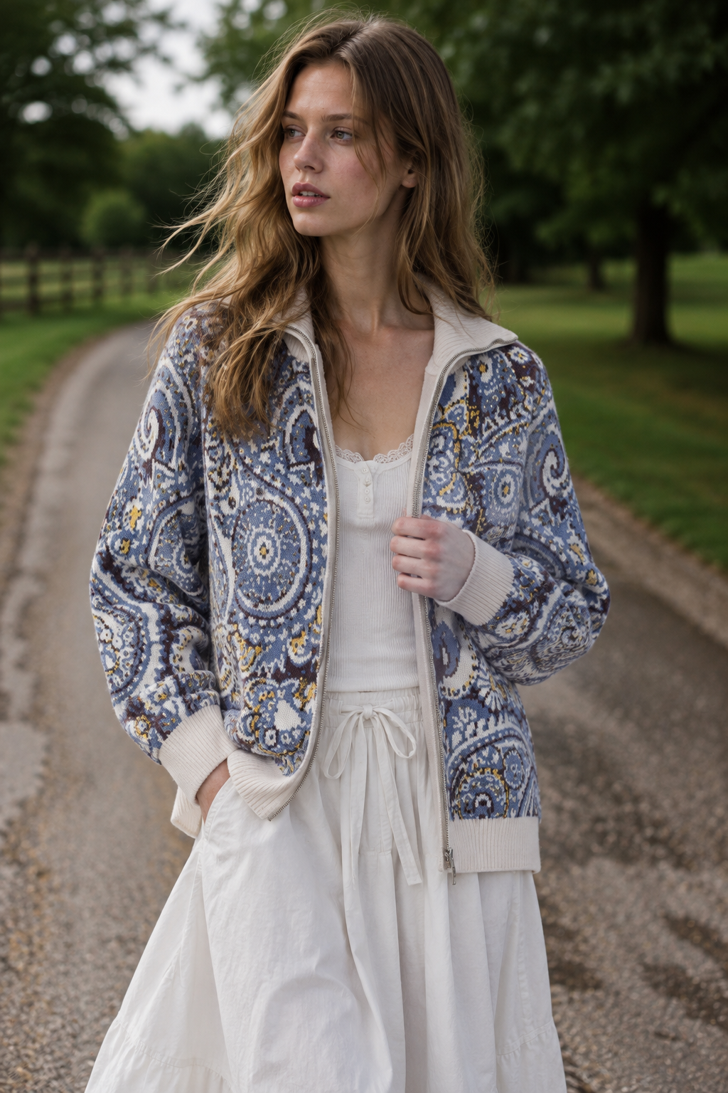 Alpine Paisley Zip-Up Cardigan-BEIGE (S/M, L/XL) (Pack of 6)