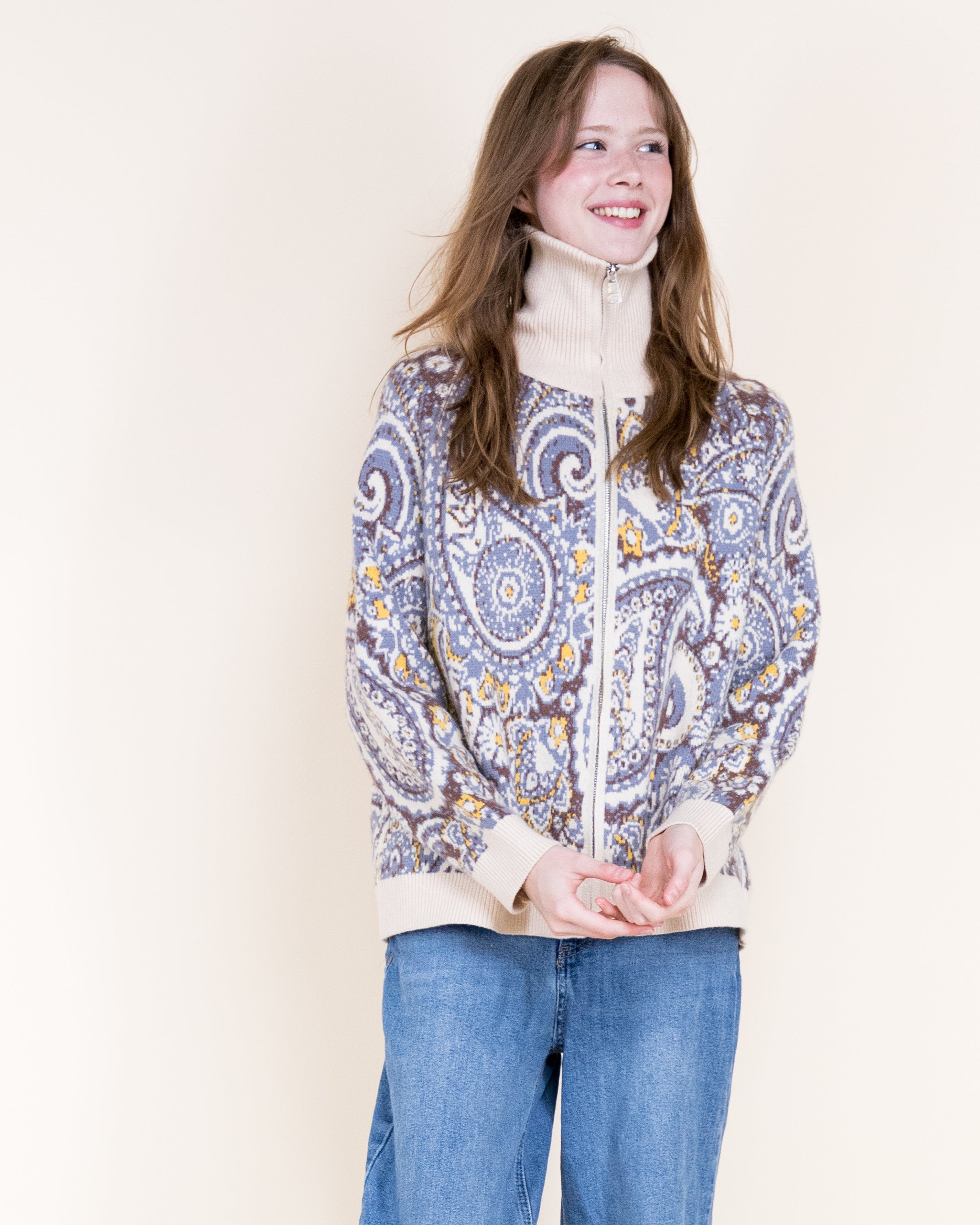 Alpine Paisley Zip-Up Cardigan- TEAL (S/M, L/XL) (Pack of 6)