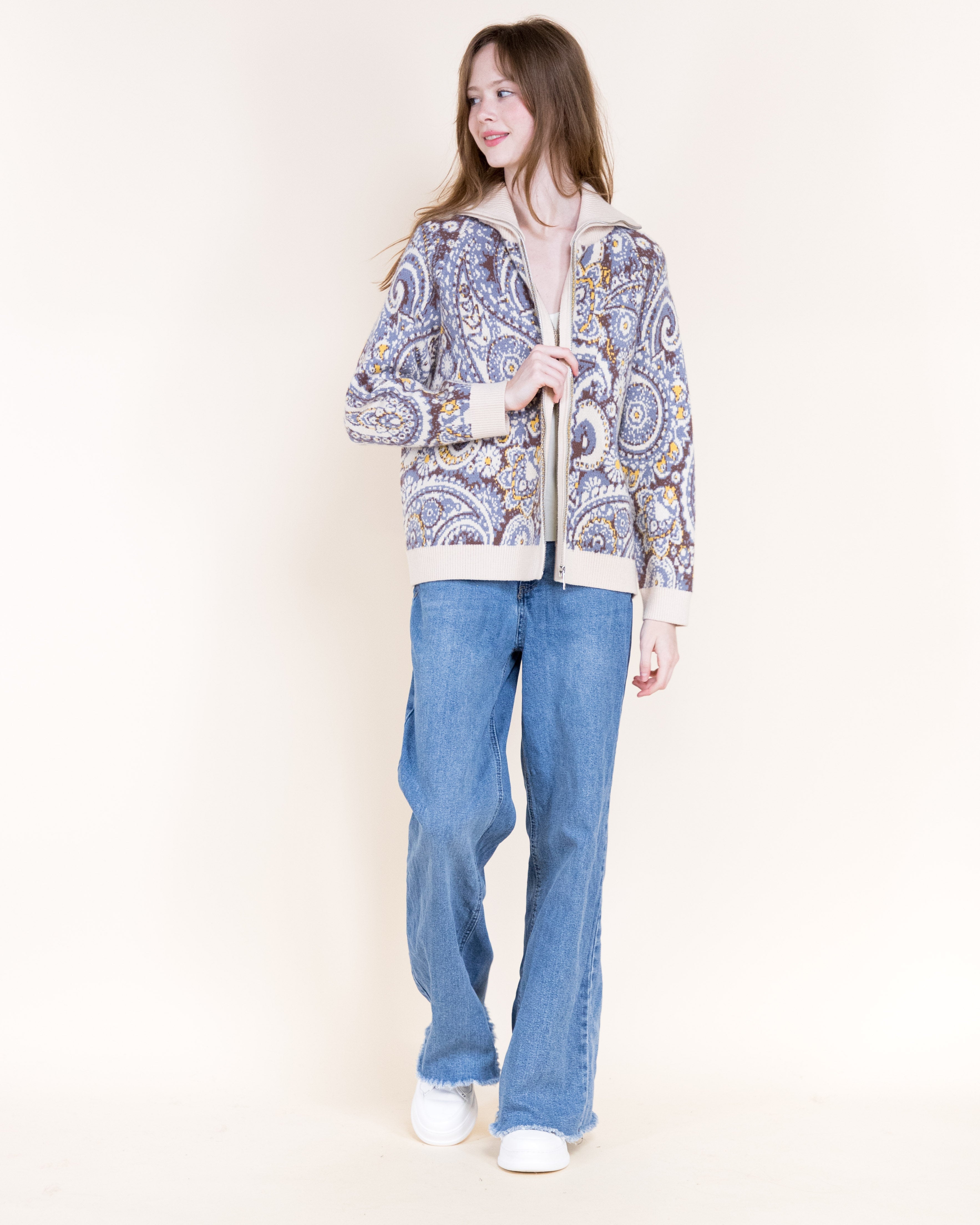 Alpine Paisley Zip-Up Cardigan- TEAL (S/M, L/XL) (Pack of 6)