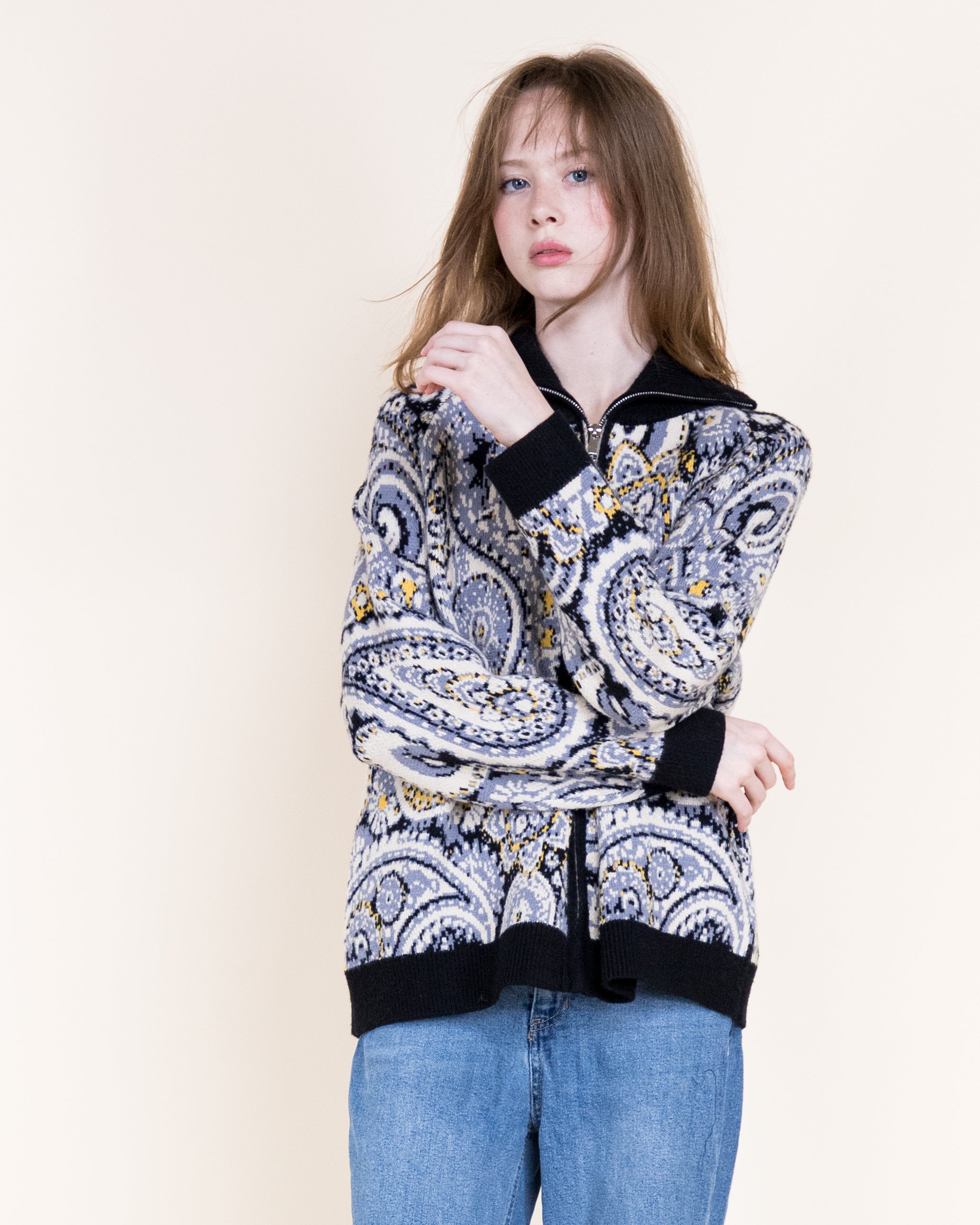 Alpine Paisley Zip-Up Cardigan- TEAL (S/M, L/XL) (Pack of 6)