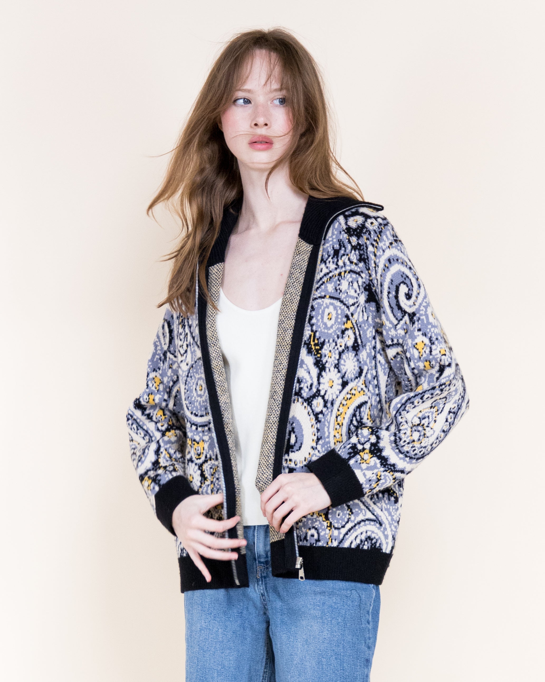 Alpine Paisley Zip-Up Cardigan- TEAL (S/M, L/XL) (Pack of 6)