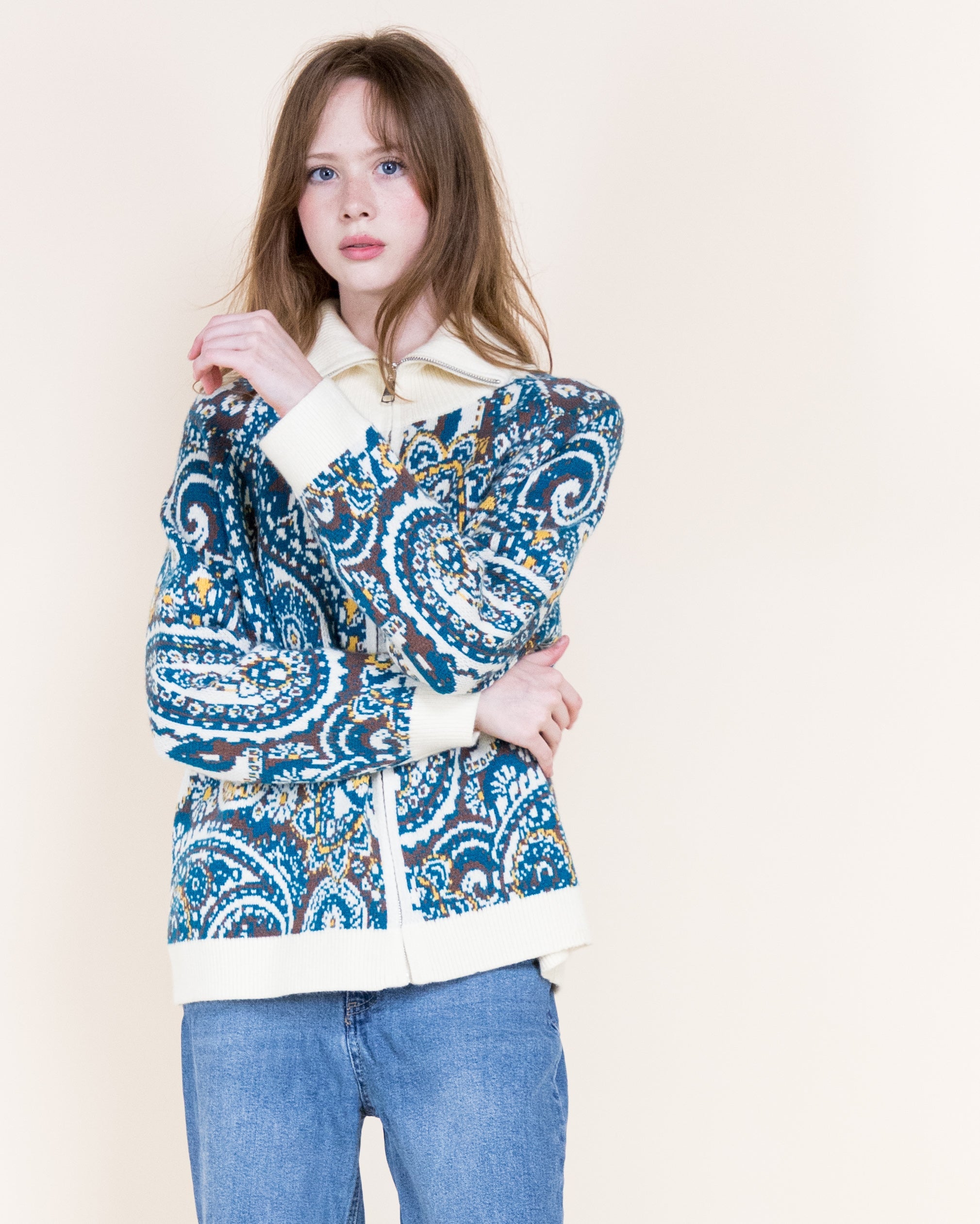 Alpine Paisley Zip-Up Cardigan- TEAL (S/M, L/XL) (Pack of 6)