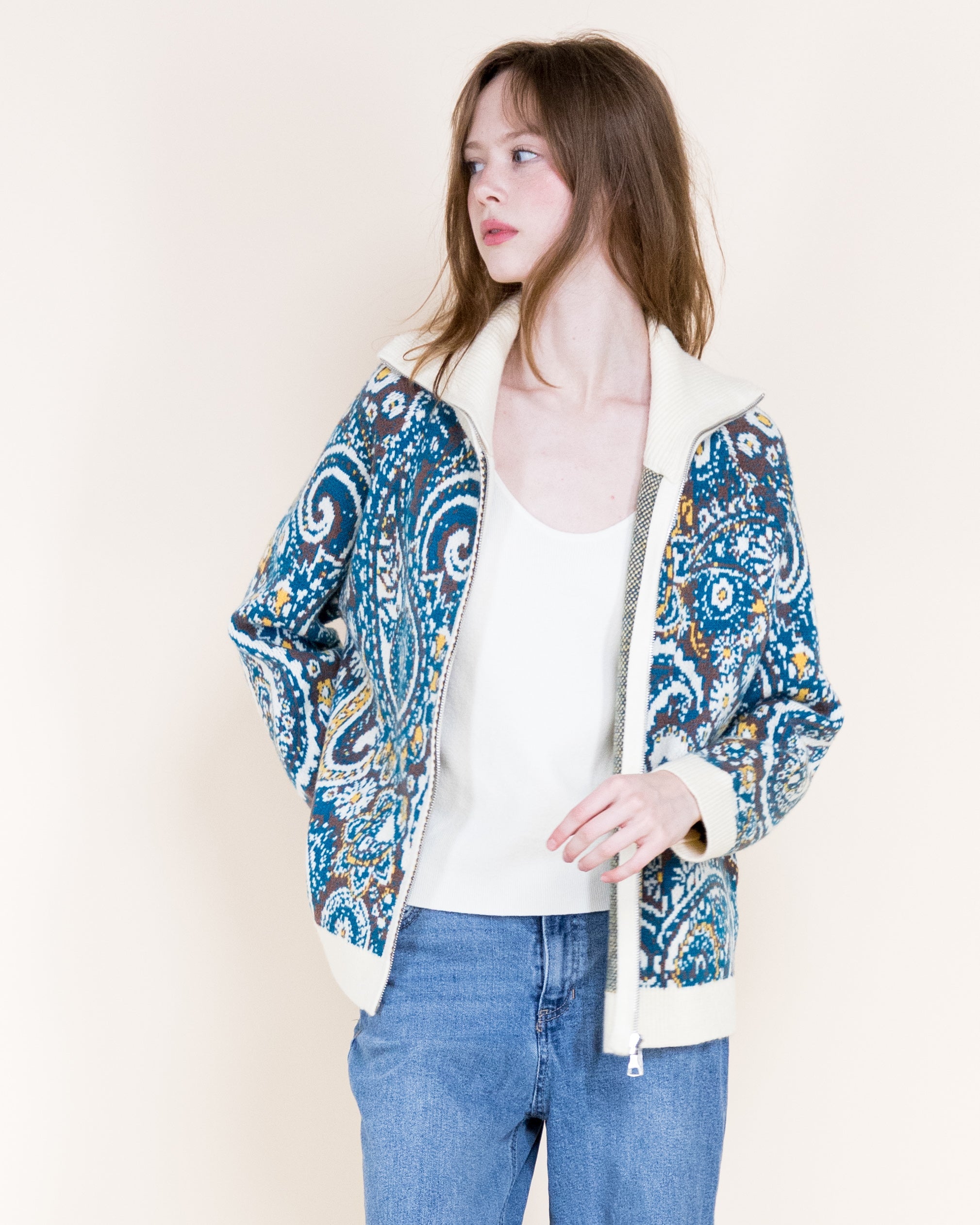 Alpine Paisley Zip-Up Cardigan- TEAL (S/M, L/XL) (Pack of 6)