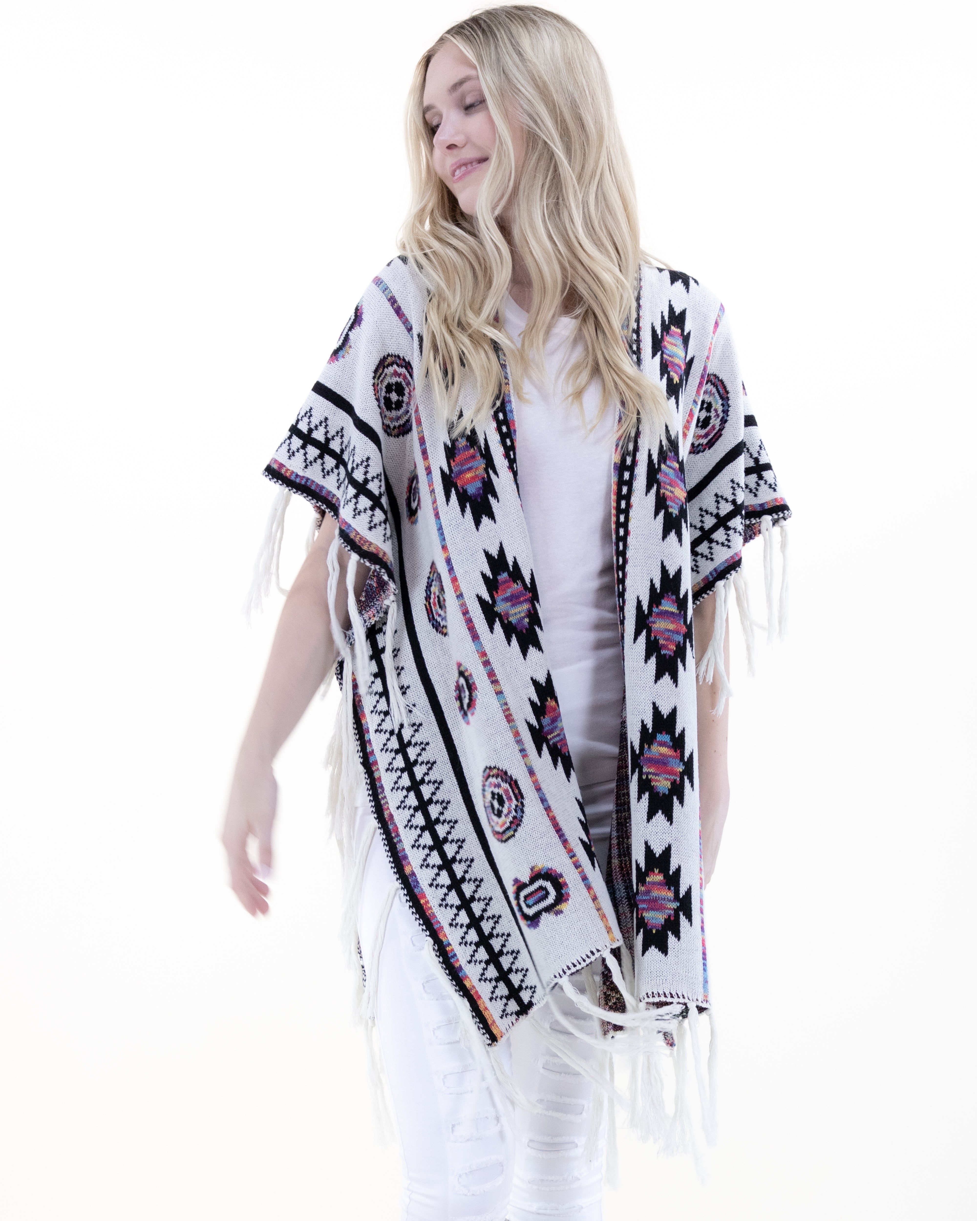 Half Sleeve Aztec Pattern Wrap w/ Fringe - BEIGE (OS) (Pack of 6)