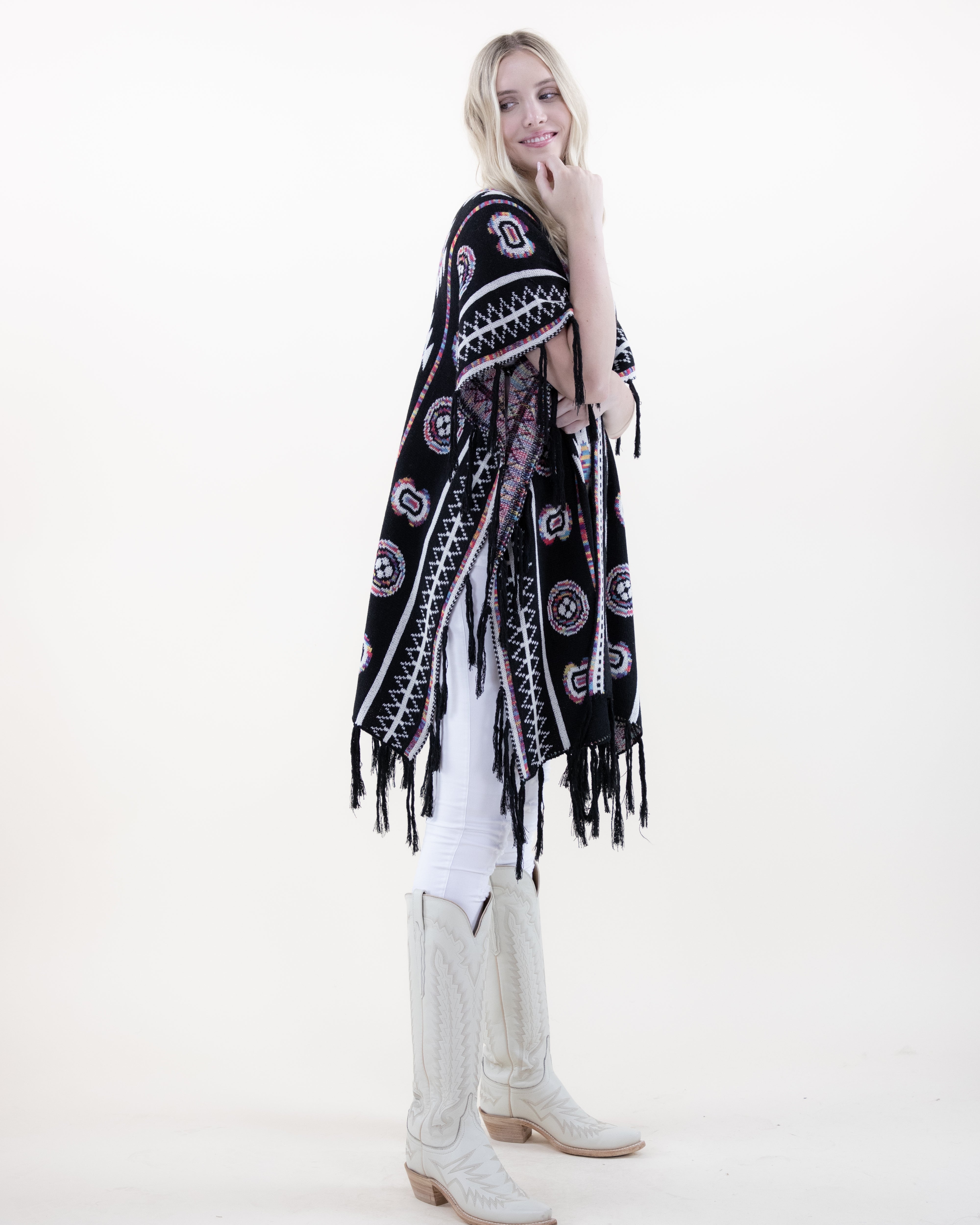 Half Sleeve Aztec Pattern Wrap w/ Fringe - BLACK (OS) (Pack of 6)