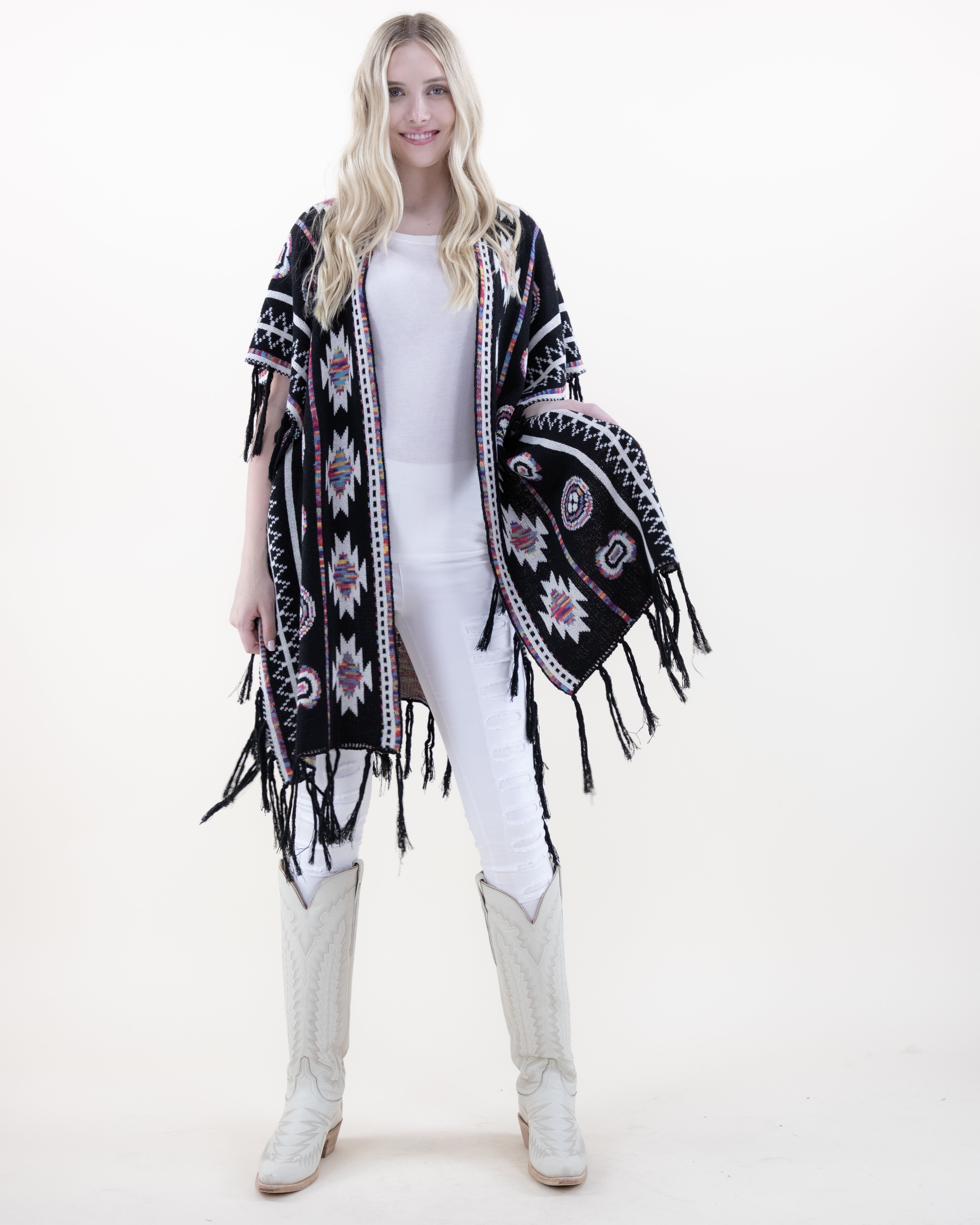 Half Sleeve Aztec Pattern Wrap w/ Fringe - BLACK (OS) (Pack of 6)