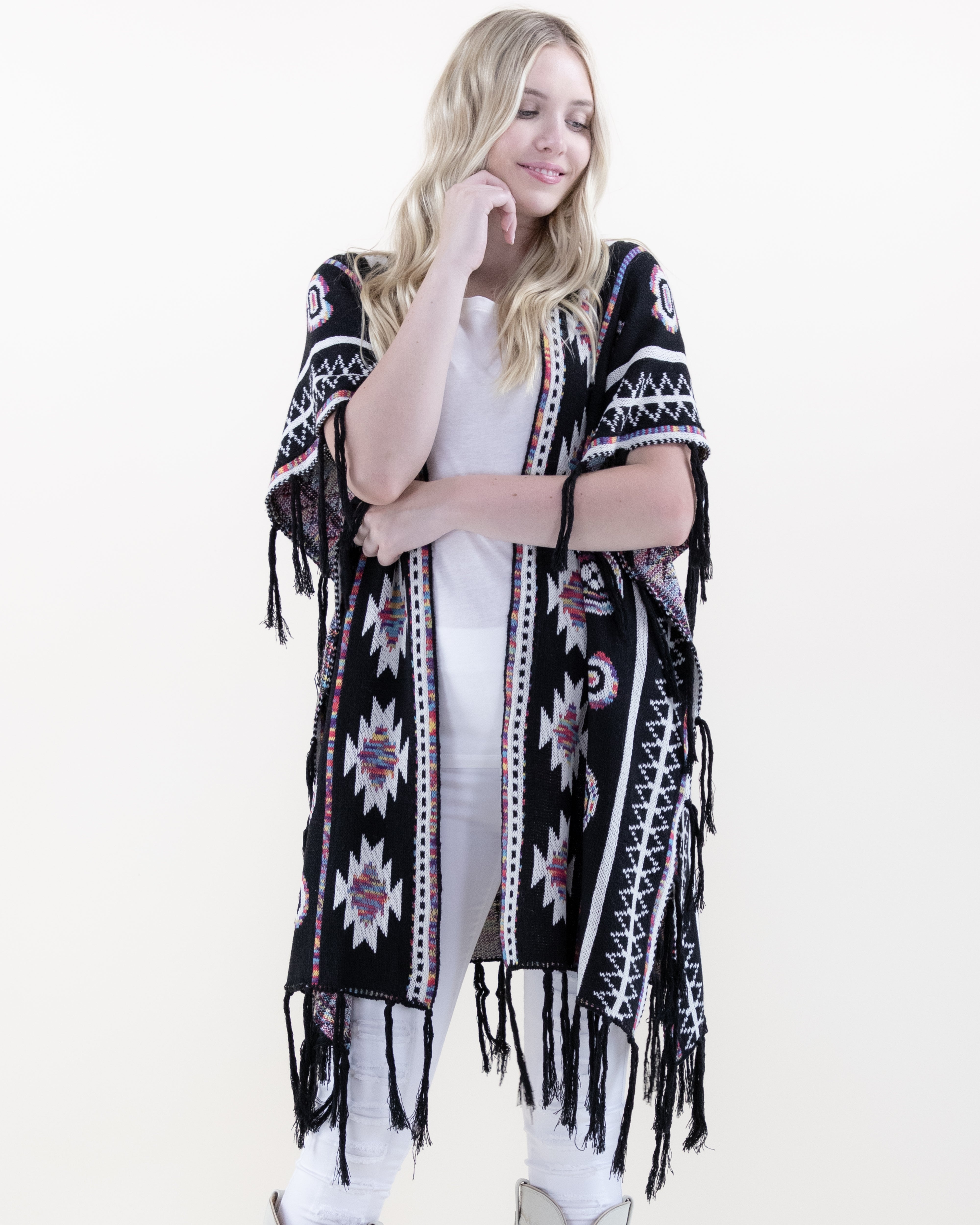 Half Sleeve Aztec Pattern Wrap w/ Fringe - BLACK (OS) (Pack of 6)