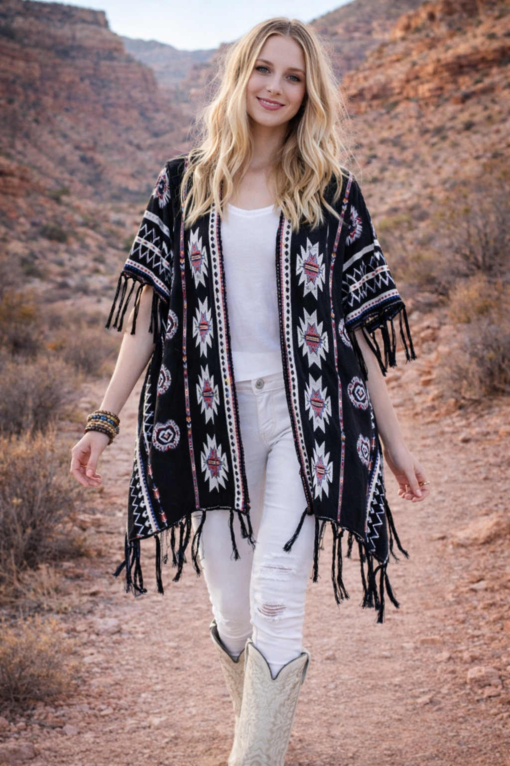 Half Sleeve Aztec Pattern Wrap w/ Fringe - BLACK (OS) (Pack of 6)