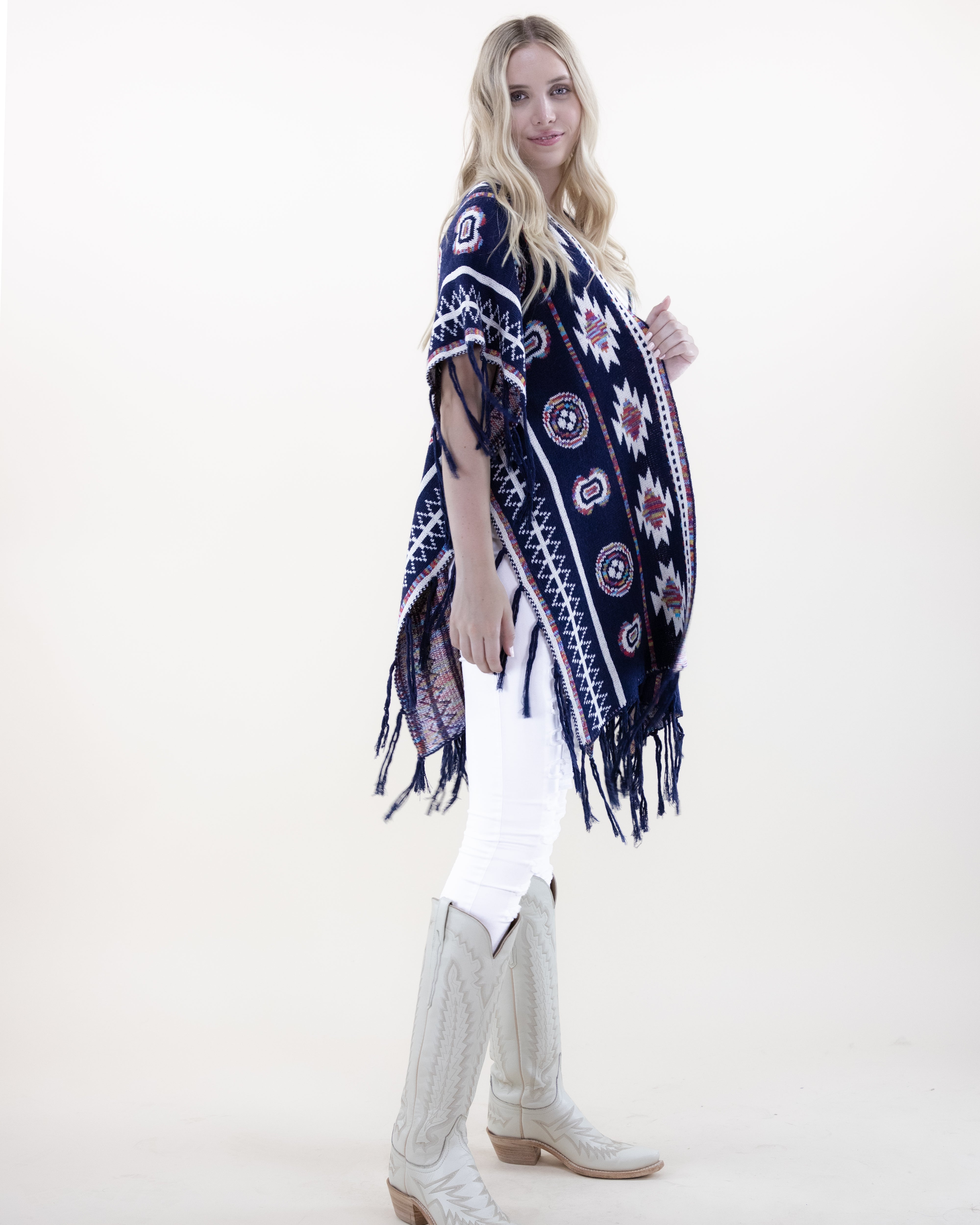 Half Sleeve Aztec Pattern Wrap w/ Fringe - NAVY (OS) (Pack of 6)